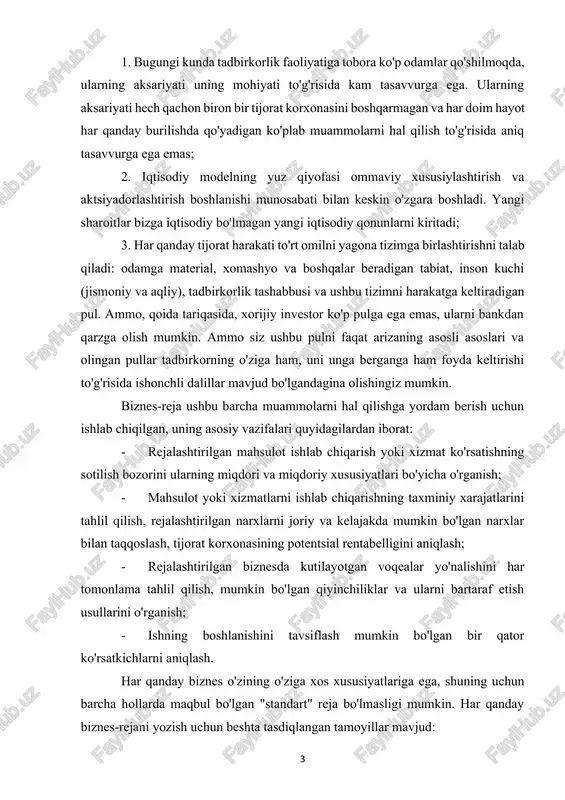 an qarzga olish mumkin. ammo siz ushbu pulni faqat arizaning asosli asoslari va olingan pullar tadbirkorning o'ziga ham, uni unga berganga ham foyda keltirishi to'g'risida ishonchli dalillar mavjud bo'lgandagina olishingiz mumkin. biznes-reja ushbu barcha muammolarni hal qilishga yordam berish uchun ishlab chiqilgan, uning asosiy vazifalari quyidagilardan iborat: · rejalashtirilgan mahsulot ishlab chiqarish yoki xizmat ko'rsatishning sotilish bozorini ularning miqdori va miqdoriy xususiyatlari bo'yicha o'rganish; · mahsulot yoki xizmatlarni ishlab chiqarishning taxminiy xarajatlarini tahlil qilish, rejalashtirilgan narxlarni joriy va kelajakda mumkin bo'lgan narxlar bilan taqqoslash, tijorat korxonasining potentsial rentabelligini aniqlash; · rejalashtirilgan biznesda kutilayotgan voqealar yo'nalishini har tomonlama tahlil qilish, mumkin bo'lgan qiyinchiliklar va ularni bartaraf etish usullarini o'rganish; · ishning boshlanishini tavsiflash mumkin bo'lgan bir qator ko'rsatkichlarni aniqlash. har qanday biznes o'zining o'ziga xos xususiyatlariga ega, shuning uchun barcha hollarda maqbul bo'lgan "standart" reja bo'lmasligi mumkin. har qanday biznes-rejani yozish uchun beshta tasdiqlangan tamoyillar mavjud: · qisqa; · mantiqiy; · …
