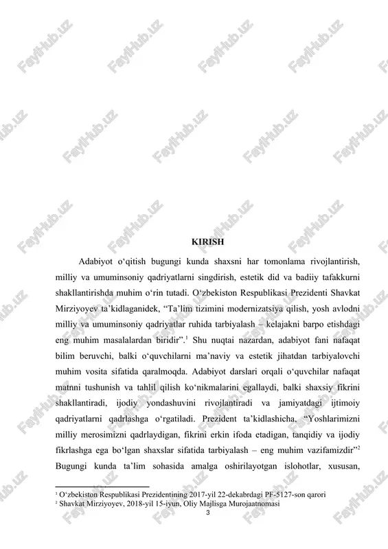 si orqali o‘quvchilar insoniy fazilatlarni anglash, ezgulik, adolat, do‘stlik va vatanparvarlik kabi qadriyatlarni o‘z hayotida qo‘llashga o‘rganadilar. badiiy matnlarni tahlil qilish ularning estetik didini rivojlantiradi, go‘zallikni his qilish va san’atga hurmat bilan qarash ko‘nikmalarini shakllantiradi. adabiyot fani til va tafakkur rivojiga ham beqiyos hissa qo‘shadi. o‘quvchilar ona tilini mukammal egallash, so‘z boyligini oshirish, fikrlarini aniq ifoda etish va mantiqiy tahlil qilish ko‘nikmalarini rivojlantiradi. adabiyot darslari o‘quvchilarni ijodiy fikrlashga o‘rgatadi, matnlar, voqealar va qahramonlarni tahlil qilish orqali mustaqil qaror qabul qilish va ijodiy yondashuvni shakllantiradi. adabiyot o‘qitish milliy va umuminsoniy qadriyatlarni anglashda muhim rol o‘ynaydi. o‘quvchilar milliy madaniyat va tarixni o‘rganish orqali o‘zlikni anglash, boshqa xalqlarning madaniyati va qadriyatlarini hurmat qilish ko‘nikmalarini egallaydilar. shu sababli, adabiyot darslari yosh avlodni ma’naviy barkamol, tafakkuri rivojlangan va ijodiy yondashuvga ega inson qilib tarbiyalashda ajralmas vosita hisoblanadi. mavzuning maqsadi o‘quvchilarning shaxsini har tomonlama rivojlantirish, ularni ma’naviy va estetik jihatdan tarbiyalashdan iborat. bu maqsadga erishish orqali …