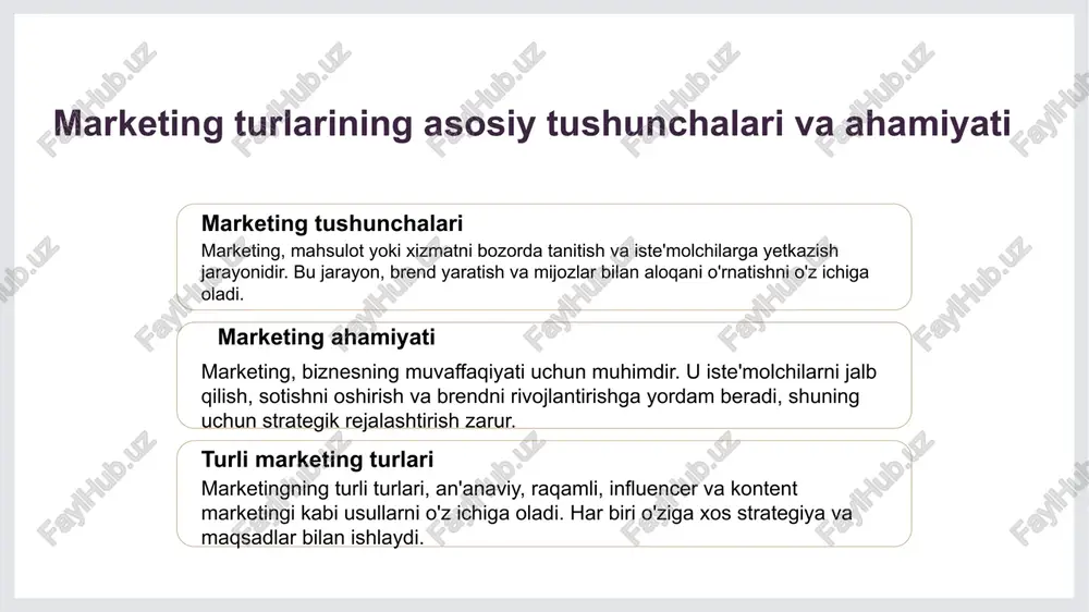 auditoriyani qamrab oladi va demografik xususiyatlar orqali segmentlarga bo'lib ko'rinadi. an'anaviy marketing strategiyalari brend imidjini yaratishga, mijozlar bilan uzoq muddatli aloqalar o'rnatishga va ishonchni oshirishga qaratilgan. reklama va pr: an'anaviy marketingda ahamiyati reklama va pr an'anaviy marketingda muhim rol o'ynaydi. u mijozlar bilan aloqani mustahkamlash, brendning tanilishini oshirish va sotuvlarni ko'paytirishda yordam beradi. samarali reklama strategiyalari va pr faoliyatlari kompaniya muvaffaqiyatining asosiy omillaridir. mahsulot joylashuvi: savdo nuqtalarida strategiyalar 1 mahsulot tanlovi mahsulot joylashuvi strategiyasida, tanlov muhim ahamiyatga ega. mijozlar ehtiyojlarini qondirish uchun to'g'ri mahsulotni tanlash lozim. 2 savdo nuqtalari savdo nuqtalarida mahsulot joylashuvi, xaridorlar oqimini ta'sir qiladi. to'g'ri joylashuv mijozlar e'tiborini oshiradi va savdoni ko'paytiradi. 3 reklama va ko'rsatmalar mahsulot joylashuvi uchun reklama va ko'rsatmalarning o'rni muhim. mijozlar uchun ko'rinadigan joylarda, mahsulotni taqdim etish, sotuvni oshiradi. an'anaviy marketing va mijozlar bilan aloqalar 1 an'anaviy marketing - an'anaviy marketing, mahsulot va xizmatlarni reklama qilishda foydalaniladigan usullarni o'z ichiga oladi. u ko'pincha …