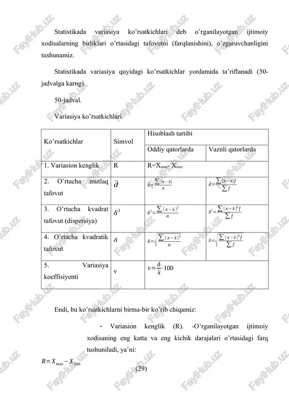 (51-jadval): 51-jadval. ikkita chorvachilik fermasidagi sigirlarning kunlik sut sog’ilishi guruhlari bo’yicha taqsimlanishi. guruhlar soni sigirlarning kunlik sog’ilishi bo’yicha guruhlari, kg o’rtacha kunlik sog’ilishi (x), kg sigirlar soni (f) birinchi ferma bo’yicha ikkinchi ferma bo’yicha 1 6-8 7 40 - 2 9-11 10 50 110 3 12-14 13 70 60 4 17-15 16 30 30 5 18-20 19 10 - jami - - 200 200 dastlab variasion kenglikni aniqlaymiz: shundan so’ng o’rtacha kunlik sut sog’ilishini o’rtacha arifmetik tortilgan formulasi orqali: 1 ferma uchun alohida: kgni tashkil etadi. 2-ferma uchun alohida: kg ni tashkil etadi. bu olingan ma’lumotlarni o’rtacha mutlaq tafovut formulasiga ko’yib hisoblashdan oldin ushbu formulani hisoblash uchun yordamchi jadval tuzib olamiz, ya’ni (52 va 53-jadvallar): 52-jadval. birinchi ferma bo’yicha hisoblangan ma’lumotlar. guruh-lar soni sigirlarning kunlik sog’ilishi bo’yicha guruhlari, kg o’rtacha kunlik sut sog’ilishi, kg (x) sigir-lar soni (f) o’rtacha-dan farqla-nishi mutlaq farqlanishi mutlaq vaznli farqla- nishi 1 6-8 7 40 …