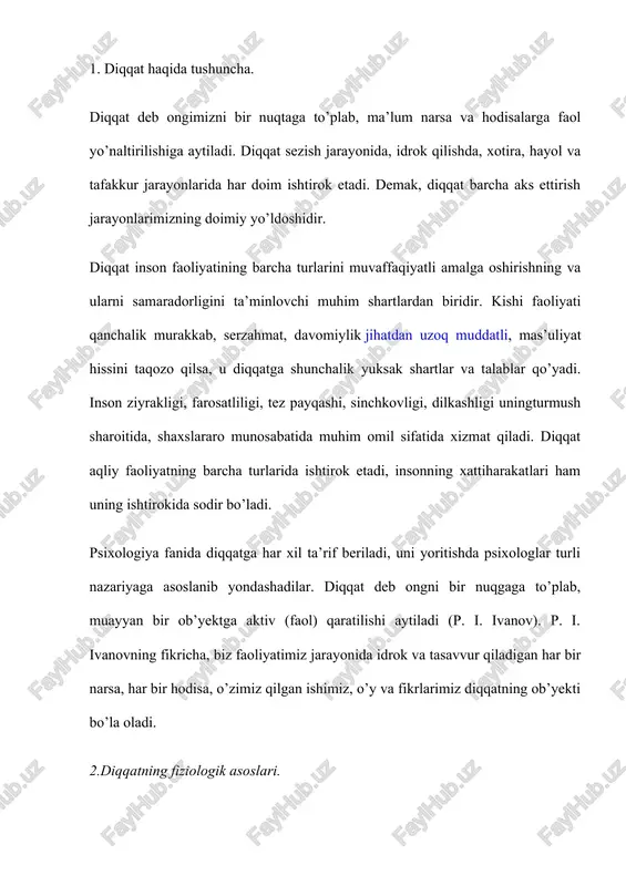 n akademik a.a.uxtomskiy olib borgan tekshirishlari bir–biriga to’g’ri keladi. agar nerv sistemasiga bir qancha qo’zg’ovchilar bir vaqtda ta’sir qilsa bosh miya po’stida shu ongning o’zida bir necha qo’zg’alish o’choqlari paydo bo’ladi. shu bilan birga, xar bir qo’zg’alish o’chog’i bosh miya po’stining hamma yog’iga tarqalishga iradiatsiyalanishga moyildir. shuning uchun ayrim qo’zg’alish o’choqlari o’rtasida to’qnashish va «kurash» sodir bo’ladi. bu kurash natijasida qo’zg’alish o’choqlaridan biri hukmron (dominanta) bo’lib oladi mana shu hukmron bo’lib olgan qo’zg’alish o’chog’ini akademik uxtomskiy «dominanta» deb ataydi. uxtomskiyning bergan ta’rifiga ko’ra; dominanta – bu ayni chog’da markazda sodir bo’ladigan reaksiyalar xarakterinni bir qadar belgilab beruvchi hukmron qo’zg’alish o’’chog’idir. dominantalar mavjud bo’lgan paytda boshqa qo’zg’alish o’choklari («subdominantalar» - nisbatan kuchsiz qo’zg’alish o’choqlari) ko’pincha yo’qolib ketmaydilar. ular dominantaga qo’shilib, uni kuchaytiradilar yoki dominanta bilan kurasha boshlaydilar. bu kurash jarayonida subdominanta dominanta bo’lib olishi mumkin, ilgarigi dominanta esa – subdominanta bo’lib qolishi mumkin. hukmron qo’zg’alish o’chog’i bo’lgan dominanta diqqatimizning ma’lum narsaga …