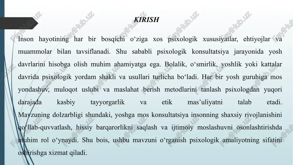 ishonch va ijobiy “men” obrazini shakllantirishga xizmat qiladi. yoshlik davrida (18–25 yosh) konsultatsiya yoshlik davri inson hayotida mustaqil shaxs sifatida shakllanish, o‘zini anglash va hayot yo‘lini tanlash bosqichidir. shu davrda shaxs ko‘plab ichki va tashqi bosimlarga — ijtimoiy kutilmalar, oila, ish yoki o‘qishdagi mas’uliyat, shaxsiy munosabatlar muammolariga duch keladi. psixologning vazifasi bu davrda yoshlarning ruhiy muvozanatini saqlash, ularni o‘z imkoniyatlariga ishonishga, real maqsadlar qo‘yishga va hayotiy tanlovlarini ongli ravishda amalga oshirishga yo‘naltirishdir. kasb tanlash masalalarida shaxsning qiziqishlari, qobiliyatlari va mehnat bozoridagi ehtiyojlarni uyg‘unlashtirishga e’tibor qaratiladi. shuningdek, psixolog yoshlar orasida keng tarqalgan stress, motivatsiya pasayishi va o‘ziga ishonchsizlik kabi muammolarni bartaraf etishda kognitiv va motivatsion texnikalardan foydalanadi. yordam jarayonida samimiylik, hurmat va ishonch muhitini yaratish yoshlarning ochiqligini oshiradi va konsultatsiya samaradorligini ta’minlaydi. asosiy yo‘nalishlar: 1.kasb tanlash, o‘zini anglash, stressni yengish. bu davrda inson hayotining eng muhim qarorlarini — kasb tanlash, mustaqil hayot boshlash, ijtimoiy mavqeini aniqlash kabi masalalarni hal qiladi. shu …
