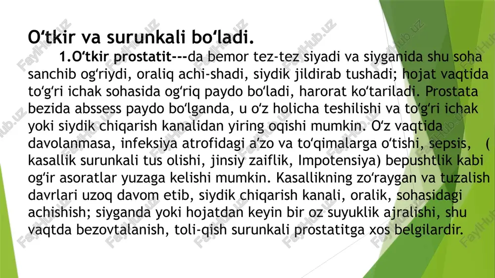asini, prostata massaji orqali olingan prostate suyuqligi mikroskopiyasini buyuradi. prostata bezini ko'rikdan o`tkazish uchun utt buyuriladi. o'tkir prostatitni davolash o'tkir prostatit asosan antibiotiklar bilan davolanadi, bu juda tez kerakli natijani beradi. ushbu dori vositalari bakterioskopik tahlildan so`ng darhol buyuriladi. ko'pincha, kengroq ta'sirga ega antibiotiklar buyuriladi, tahlildan so'ng, agar kerak bo'lsa, davolanishga o`zgartirishlar kiritiladi. prostatitda prostata to'qimalariga kira oladigan preparatlar qo'llaniladi, bular ftorxinolonlar va makrolidlardir. terapiyadan bir necha kun o'tgach yaxshilanishlar seziladi, ammo maksimal ta'sirga erishish uchun uni kamida bir oy davom ettirish kerak. agar bemorda varaja va ahvol og`ir, shuningdek, kuchli og'riqlar kuzatilsa, og'riq qoldiruvchi va isitma tushiruvchi preparatlar buyuriladi. peshob chiqarishni yaxshilash uchun bemor kuchli og'riqni his qilmayotgan bo`lsa shifokor diuretiklarni buyuradi, peshob chiqarishda toksinlar va yallig'lanish qoldiqlari tanadan chiqariladi, shuning uchun bu jarayon muhim hisoblanadi.maxsus dori vositalari yordamida prostata faoliyatini to`xtatib turish mumkin, bu uning tiklanishiga yordam beradi. agar bemor yaxshi davolansa, o'tkir prostatitdan asoratlarsiz tuzalish mumkin. aks …