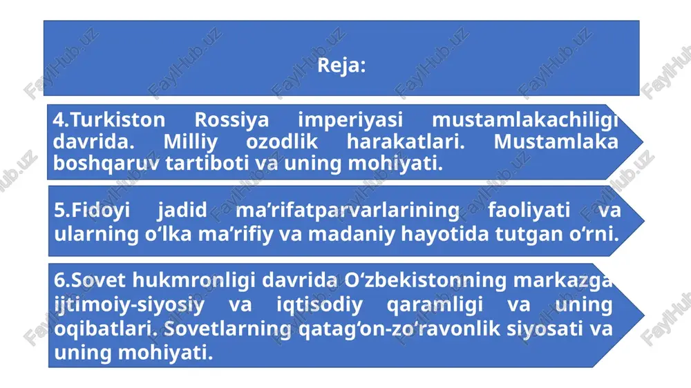 irildi. soliqlar og‘irlashdi, mahalliy aholi er va boyliklardan mahrum etildi. milliy ozodlik harakatlari. biroq xalq bu zulmga qarshi turdi. po‘latxon qo‘zg‘oloni, andijon qo‘zg‘oloni (1898-yil, dukchi eshon boshchiligida) kabi harakatlar mustamlakachilikka qarshi norozilik sifatida tarixda o‘rin oldi. bu davrda milliy uyg‘onish g‘oyalari shakllanib, kelgusida jadidlar harakatiga zamin yaratildi. mustamlaka boshqaruv tartiboti va uning mohiyati mustamlaka boshqaruv tartiboti — bosib olingan hududlarni markaziy imperiya tomonidan siyosiy, iqtisodiy va ma’muriy jihatdan boshqarish tizimidir. uning mohiyati — mahalliy xalqni bo‘ysundirish, tabiiy boyliklarni talon-toroj qilish va mustamlakachining manfaatlariga xizmat qildirishdan iborat. fidoyi jadid ma’rifatparvarlarining faoliyati va ularning o‘lka ma’rifiy va madaniy hayotida tutgan o‘rni xix asr oxiri – xx asr boshlarida turkistonda jadidchilik harakati vujudga keldi. bu harakat ilg‘or ziyolilar tomonidan boshlandi. ular millatni jaholatdan chiqarish, ilm-ma’rifat va madaniyat orqali ozodlikka erishishni maqsad qilganlar. ma’rifatparvarlik va ozodlik g‘oyalarining asoschilari mahmudxo‘ja behbudiy, abdulla avloniy, munavvarqori abdurashidxonov, cho‘lpon, fitrat kabi jadidlar yangi usul maktablarini ochib, milliy uyg‘onish …