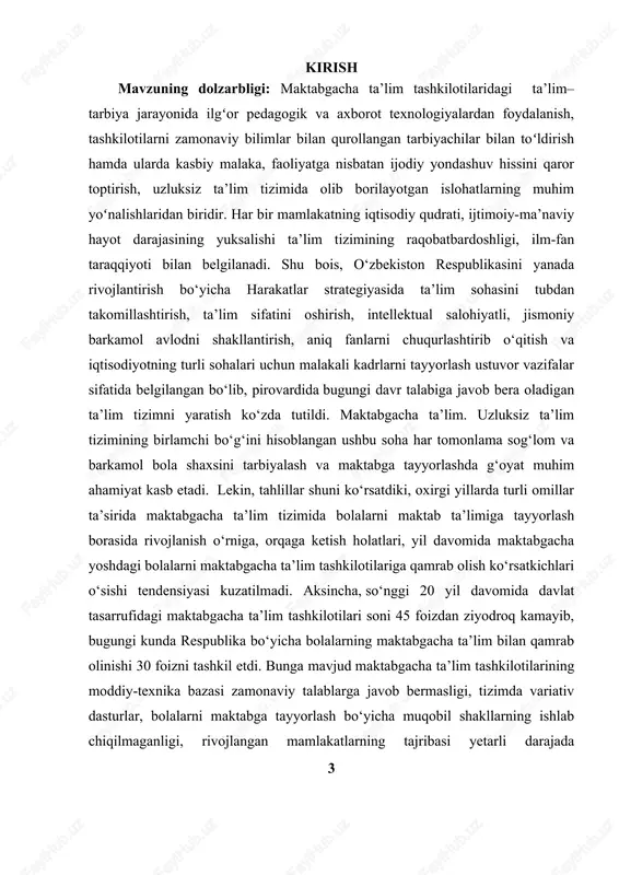 allangan bunga misol tariqasida bir nechta qarorlarini,farmonlarini misol qilib keltirsak adashmaymiz. maktabgacha ta’lim tizimini tubdan takomillashtirish chora- tadbirlari to’g’risidagi pq – 3261 sonli qarori, o’zbekiston respublikasi maktabgacha ta’lim tizimini 2030-yilgacha rivojlantirish konsepsiyasini tasdiqlash to’g’risida”gi pq – 4312 sonli qarorlarining qabul qilinishi asosida maktabgacha ta’lim sohasida keng ko’lamli ishlar amalga oshirilmoqda maktabgacha ta’lim uzluksiz ta’limning boshlang’ich qismi hisoblanadi. u bolaning sog’lom va rivojlangan shaxs bo’lib shakllanishini ta’minlab, o’qishga bo’lgan ishtiyoqini uyg’otadi, tizimli o’qitishga tayyorlab boradi. shunday ekan, bu tizim faoliyatini yanada kuchaytirish, maktabgacha ta’lim tashkilotlarida har tomonlama qulay shart-sharotlar yaratish, ularga maktabgacha yoshdagi bolalarni keng jalb etish farzandlarimizning barkamol va yetuk shaxs bo’lib shakllanishida muhim o’rin tutadi. oʻzbekiston respublikasida maktabgacha ta’lim toʻgʻrisidagi nizomga muvofiq bola maktabgacha ta’limni uyda, ota–onalarning mustaqil ta’lim berishi orqali, shuningdek maktabgacha ta’lim tashkilotilariga jalb qilinmagan bolalar uchun maktabgacha ta’lim tashkilotilarida, maktablarda yoki markazlarda oladi. bu yerda ular xaftda 2-3 marta shugʻullanishadi. ota –onalarga maktabgacha ta’lim shaklini tanlash …