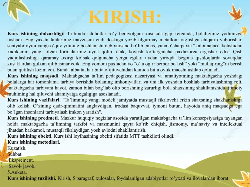 lgan. shuningdek bolalarni oddiy o‘qishga, yozishga, sanashga, to‘qishga, to‘r taqishga, tikishga va boshqa hunarlarga o‘rgatilgan. butun o‘lka bo‘ylab shunday yaslalardagi bolalar soni 50-60 boladan oshmas edi. turkistonda kambag‘allarning bolalari uchun toshkentda, samarqand, sirdaryo, namanganda yetimxonalar tashkil etilgan. sirdaryo, samarqand, toshkent shag‘rida bolalar bog‘chalari kabi ayrim bog‘chalar yuzaga keldi. 1909-1910 yillarda va keyinchalik xususiy bog‘chalar paydo bo‘ldi: bu bog‘chalarda 6-yoshdan boshlab bolalarni asosan gimnaziyaga o‘qishga tayyorlanar edi. turkistonda dastlabki davlat bolalar bog‘chalari 1918 yilning ikkinchi yarmida tashkil etila boshlandi. 1918 yil 20 oktyabrda turkiston maorifi xalq komissarligi qoshida respublikadagi maktabgacha tarbiya sohasida barcha tadbirlarni amalga oshirish uchun ma’muriy organ sifatida maktabgacha tarbiya bo‘limi tashkil qilindi. xuddi shu yilda viloyat xalq maorifi bo‘limlarining qoshida maktabgacha tarbiya kichik bo‘limlari tashkil qilingan. bu tadbir respublikada maktabgacha tarbiyaning jonlaniga yordam berdi. maktabgcha tarbiya bo‘limlarining faoliyati uch asosiy yo‘nalishda: bolalar bog‘chalarini ochish, ularni binolar, mebel va jihozlar bilan ta’minlash; maktabgacha tarbiya xodimlari, shu jumladan maxalliy, milliy …