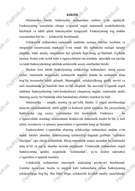 uammolarni hal qilishda ham qo‘llay olish ko‘nikmasini rivojlantiradilar. i. bob funksiya uzligizligining ilmiy adabiyotlardagi tahlili 1.1. uzluksizlik tushunchasining ta’riflari uzluksiz funksiya – maʼlum shartni qanoatlantiruvchi funksiya; muhim tushunchalardan biri. f(x) funksiya £el toʻplamda aniqlangan va xoyeye shu toʻplamning limit nuqtasi boʻlsin. agar limf(x) = f(x0) boʻlsa, f{x) funksiya x=x0 nuqtada uzluksiz deyiladi. funksiyaning uzluksizligini quyidagicha aytish ham mumkin: agar ixtiyoriy ye>0 son uchun shunday 5>0 son topilsinki, bunda hx— xp | 0); 2. d(ax)=ax(lna dx (a>0,a(1); 3.d(logax)= ;xususan, . 4. d(sinx)=cosxdx; 5. d(cosx=-sinxdx; 6. d(tgx)= ; 7. d(ctgx)=- ; 8. d(arcsinx)= ; 9. d(arccosx)=- ; 10. d(arctgx)= dx; 11. d(arcctgx)=- dx . differensial topish qoidalari. funksiya differensiali ta`rifi va hosila topish qoidalaridan quyidagi tasdiqlarning o`rinli ekanligi kelib chiqadi: a) chekli sondagi differensiallanuvchi funksiyalar yig`indisining differensiali ularning differensiallari yig`indisiga teng. masalan, ikki funksiya yig`indisi uchun bu tasdiqni quyidagicha isbotlash mumkin: (i.4.1 ) formulaga ko`ra d(u(x)+v(x))=(u(x)+v(x))`dx=(u`(x)+v`(x))dx==u`(x)dx+v`(x)dx =du+dv. b) quyidagi d(u(x)(v(x))= v(x)(du+u(x)(dv formula …