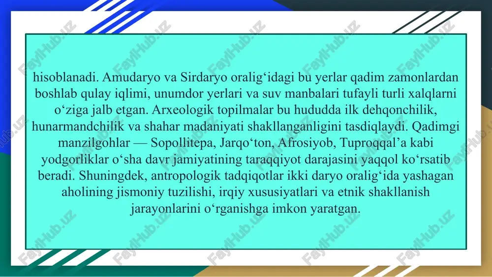 ‘lgan yodgorliklar saqlangan. shuningdek, tuproqqal’a, ko‘ktepa, paykend, varaxsha kabi joylar qadimiy shahar madaniyatining yuksak darajada rivojlanganini ko‘rsatadi. ikki daryo oralig‘ida moddiy madaniyatning asosiy yo‘nalishlari sifatida me’morchilik, sopol buyumlar tayyorlash, metallga ishlov berish va bezak san’ati rivojlangan. qadimiy aholi g‘ishtdan ko‘p xonali uylar, ibodatxonalar, mudofaa devorlari barpo etgan. me’moriy inshootlar o‘ziga xos reja asosida qurilgan bo‘lib, ular jamiyatning ijtimoiy tabaqalanishini ko‘rsatadi. hunarmandlar sopol idishlar, bronza va temirdan yasalgan qurollar, bezak buyumlar tayyorlagan. ayniqsa, sopol idishlardagi geometrik naqshlar o‘sha davr estetik qarashlarini ifodalaydi. to‘qimachilik va metall ishlov berish ham yuqori darajada rivojlangan bo‘lib, ularning namunalarini ko‘plab qazilmalar tasdiqlaydi. moddiy madaniyat unsurlari nafaqat iqtisodiy hayotni, balki xalqning badiiy didini, diniy qarashlarini va madaniy tafakkurini ham aks ettiradi. arxeologik topilmalar qadimgi aholining kundalik turmushi va jamiyat tuzilmasini o‘rganishda muhim manba hisoblanadi. uy-joy qoldiqlari, xo‘jalik asboblari va qurollar o‘sha davr hayot darajasini ko‘rsatadi. masalan, sopollitepa va jarqo‘tonda topilgan mehnat qurollari dehqonchilik asosiy kasb bo‘lganini tasdiqlaydi. …