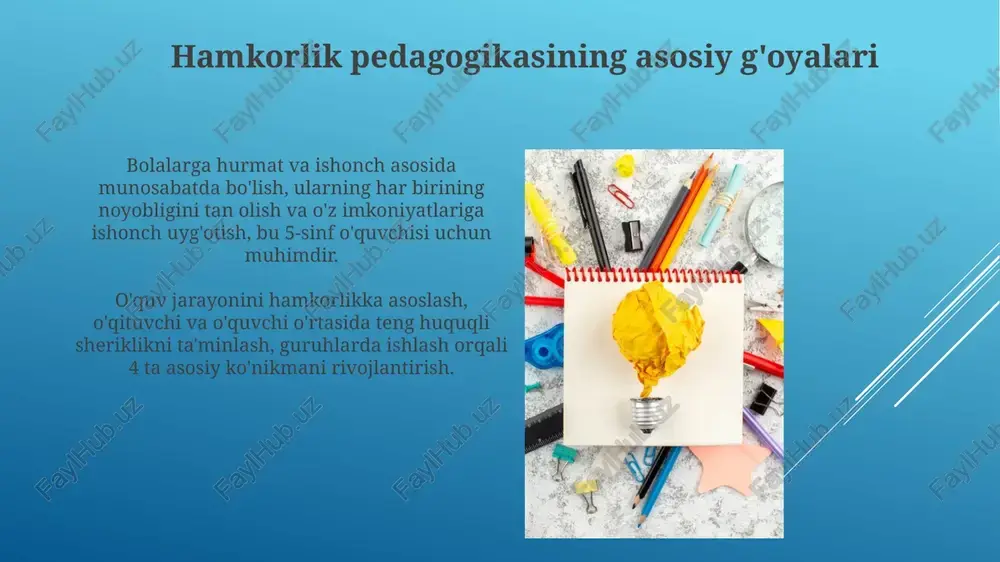 erishadilar. piagetning kognitiv rivojlanish nazariyasi hamkorlik ta'limida muhim rol o'ynaydi, chunki o'quvchilar bir-birlarining fikrlarini baholash va moslashtirish orqali kognitiv dissonansni hal qilishadi. hamkorlik pedagogikasining istiqbollari "hamkorlik pedagogikasi" xxi asrda o'quvchilarning 4k ko'nikmalarini (kommunikatsiya, kreativlik, tanqidiy fikrlash, hamkorlik) rivojlantirishda muhim rol o'ynaydi, bu esa raqobatbardosh kadrlarni tayyorlashga xizmat qiladi. kelajakda "hamkorlik pedagogikasi"da interaktiv texnologiyalar (virtual laboratoriyalar, onlayn simulyatsiyalar)ning integratsiyasi orqali o'quv jarayonini yanada samarali va qiziqarli qilish imkoniyati mavjud, natijada bilim darajasi ortadi. e'tiboringiz uchun rahmat image1.jpg image2.jpg image3.jpg image4.jpg image5.jpg image6.jpg image7.jpg image8.jpg image9.jpg image10.jpg image11.jpg