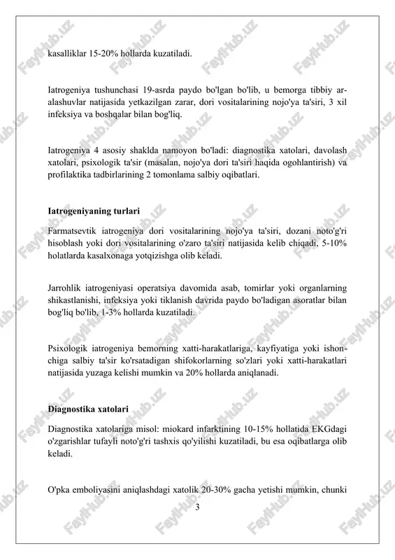 infeksiyalarning asosiy sabablaridan biri boʻlib, davolanishni qiyinlashtiradi. yangi tugʻilgan chaqaloqlar va immuniteti zaif bemorlar, nosokomial infeksiyalarga koʻproq moyil boʻlib, ularning 30 kunlik oʻlim darajasini sezilarli darajada oshiradi. davolashning ortiqchaligi ortiqcha davolash, masalan, kerak bo'lmagan antibiotiklar yozish, antibiotiklarga chidamli bakteriyalarning tarqalishiga sabab bo'lishi mumkin, bu esa tibbiyot uchun jiddiy muammo hisoblanadi. keraksiz tibbiy aralashuvlar, jumladan, yuqori narxdagi tekshiruvlar (mri, kt) bemorlarga ortiqcha tashvish tug'dirishi, ba'zida esa noto'g'ri tashxis qo'yilishiga olib kelishi mumkin. ortiqcha davolashda, masalan, past xavf guruhidagi bemorlarda agressiv jarrohlik usullari qo'llanilishi, bemorlar uchun qo'shimcha xavf tug'dirishi va ahvolini yomonlashtirishi mumkin. kompyuterlashtirish va texnologiyaning roli kompyuterlashtirish tibbiy xatolarni kamaytirishda muhim rol o'ynaydi, jumladan, dori-darmonlarni buyurishdagi xatoliklar, 75% gacha kamayish ko'rsatkichlari mavjud. sun'iy intellekt (si) yordamida kasalliklarni 90% aniqlikda tashxislash mumkin, bu esa radiologiya va patologiya sohalarida noaniq tashxislarni kamaytiradi. telemeditsina texnologiyalari yordamida bemorlar uchun masofadan turib 60% ko'proq mutaxassislar maslahati olish imkoniyati yaratilib, noto'g'ri davolanish xavfini kamaytiradi. iatrogeniyaning psixologik ta'siri …