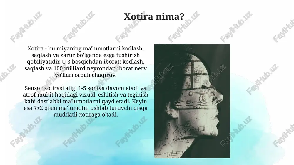 nishi va til qobiliyatining shakllanishi bilan bog'liq. xotiralarning aniqligi sub'ektiv bo'lib, vaqt o'tishi bilan o'zgaradi; tadqiqotlar shuni ko'rsatadiki, 70% holatlarda xotiralar voqealarni to'liq aks ettirmaydi, rekonstruksiya jarayoni davom etadi. xotira va yosh yosh ulg'aygan sari, epizodik xotira, xususan, voqealar va ularning kontekstini eslash qobiliyati 60 yoshdan keyin sezilarli darajada pasayishi mumkin. semantik xotira, ya'ni faktlar va tushunchalarni eslab qolish, odatda 70 yoshgacha barqaror bo'lib qoladi, ba'zi so'z boyligi hatto keyingi yillarda ham yaxshilanishi mumkin. sun'iy intellekt va xotira sun'iy intellekt xotirani modellashtirishda neyron tarmoqlardan foydalanadi, bunda har bir neyron biologik neyronlarning soddalashtirilgan matematik modelidir, 1943 yilda yaratilgan ilk modellarga asoslangan. generativ modellar, masalan, gan'lar, xotiradan ma'lumotlarni oladi va yangi, o'xshash ma'lumotlar yaratish uchun ularni qayta ishlaydi, bu esa xotira sintezining bir turi bo'lib, 2014 yilda iyan gudfellou tomonidan taklif qilingan. e'tiboringiz uchun rahmat image2.png image3.jpg image4.jpg image5.jpg image6.jpg image7.jpg image8.jpg image9.jpg image10.jpg image11.jpg image12.jpg image13.jpg image14.jpg image1.png