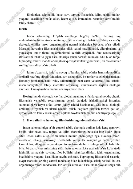 eng va muhimdir. oldingi ma’lumotlarda ta’kidlanganidek, suv sifati past bo’lsa, u turli kasalliklarning tarqalishiga sabab bo’ladi, masalan, ichak infektsiyalari, diareya va boshqa oshqozon-ichak muammolari tez-tez uchraydi, chunki iflos suv orqali patogenlar organizmga kiradi va immunitetni zaiflashtiradi. bu holat, ayniqsa, rivojlanayotgan mamlakatlarda keng tarqalgan bo’lib, har yili millionlab odamlarning hayotini xavf ostiga qo’yadi. suv resurslarining yetarli emasligi va sifati pastligi uzoq muddatli ta’sirlarga ham olib keladi: masalan, surunkali kasalliklar, saraton, yurak-qon tomir muammolari va asab tizimi buzilishlari rivojlanishi mumkin, chunki doimiy ravishda iflos suvdan foydalanish organizmning umumiy holatini yomonlashtiradi va hujayralar darajasida zarar yetkazadi. bundan tashqari, suvning ifloslanishi bolalar rivojlanishiga salbiy ta’sir qiladi, ularning o’sishi va aqliy qobiliyatlarini susaytiradi, natijada butun jamiyat salomatligi buziladi. umumiy ta’sir shundan iboratki, toza suv resurslariga ega bo’lmagan hududlarda odamlarning umr ko’rish davomiyligi qisqaradi va kasalliklar ko’payadi, bu esa iqtisodiy va ijtimoiy muammolarni kuchaytiradi. suv sifatini yaxshilash orqali esa bu xavflarni kamaytirish mumkin, ammo global miqyosda …