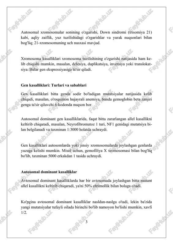ihatdan juda xilma-xildir, ular miyopatiya (mushak kasalligi), ensefalopatiya (miya kasalligi) va diabet kabi bir nechta organlarga ta'sir qilishi mumkin. ko'pgina mitoxondrial kasalliklar onadan naslga o'tadi, chunki mitoxondriyal dnk faqat tuxum hujayrasi orqali o'tadi, urug' hujayrasi orqali emas. bu genetik naslning noyob shaklidir. xromosoma aberatsiyalari: misollar turner sindromi (xo) ayollarda uchraydi, bunda bitta x xromosomasi mavjud bo'lib, qisqa bo'y, bepushtlik va yurak nuqsonlari kabi 45,x0 belgilari kuzatiladi. klinefelter sindromi (xxy) erkaklarda uchraydi, bunda qo'shimcha x xromosomasi mavjud bo'lib, bepushtlik, kichik moyaklar va ginekomastiya kabi 47,xxy belgilari namoyon bo'ladi. down sindromi (trisomiya 21) 21-xromosomaning qo'shimcha nusxasi mavjudligi bilan tavsiflanadi, bu aqliy zaiflik, yuz xususiyatlari va yurak nuqsonlariga olib keladi. gen mutatsiyalari: misollar nuklein kislotalar ketma-ketligining o'zgarishi misoli, dnk replikatsiyasidagi xatolik tufayli yuzaga kelgan o'zgarishlar, mutatsiya tezligi 10^−8 dan 10^−10 gacha. gemoglobin genidagi nuqtali mutatsiya, masalan, o'roqsimon hujayrali anemiya (β-globulin genidagi 6-kodondagi gag kodonining gtg kodoniga o'zgarishi) kasallikka olib keladi. fragile x sindromi …