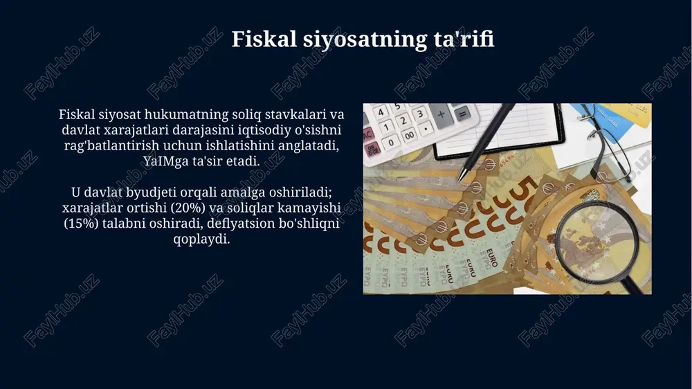 ishiga olib kelishi mumkin, ayniqsa chakana savdo va xizmat ko'rsatish sohalarida. inflyatsiyaga ta'siri fiskal siyosat inflatsiyani o'zgartirishi mumkin: talabni oshiruvchi xarajatlar inflatsiyani kuchaytirishi, soliqlar esa 2-3% foizga kamaytirishi mumkin. davlat qarzining 5-10% foizga oshishi inflatsiyani tezlashtirishi mumkin, chunki bu pul massasini ko'paytiradi va real xarajatlarni o'zgartiradi. davlat qarzi davlat qarzi, hukumatning o'z majburiyatlarini moliyalashtirish uchun ichki va tashqi manbalardan olgan barcha qarzlarining umumiy hajmini ifodalaydi. davlat qarzi yaimga nisbatan foizda o'lchanadi, bu ko'rsatkich mamlakatning qarzini to'lash qobiliyatini baholashda muhim rol o'ynaydi. fiskal siyosatning cheklovlari vaqt oralig'i cheklovlari fiskal siyosatni sekinlashtiradi; soliq o'zgarishlari yoki davlat xarajatlari rejalari iqtisodiyotga ta'sir qilish uchun 6 oydan 1 yilgacha vaqt talab qilishi mumkin. siyosiy cheklovlar fiskal siyosatning samaradorligiga to'sqinlik qilishi mumkin; siyosatchilar iqtisodiy maqsadlarga emas, balki saylovchilarning talablariga ustunlik berishlari mumkin. amaliy misollar 2009 yildagi amerika tiklanish va qayta investitsiyalash akti, aqsh infratuzilmasiga 787 milliard dollar investitsiya kiritib, ish o'rinlarini yaratishga qaratilgan fiskal stimulning yaqqol …
