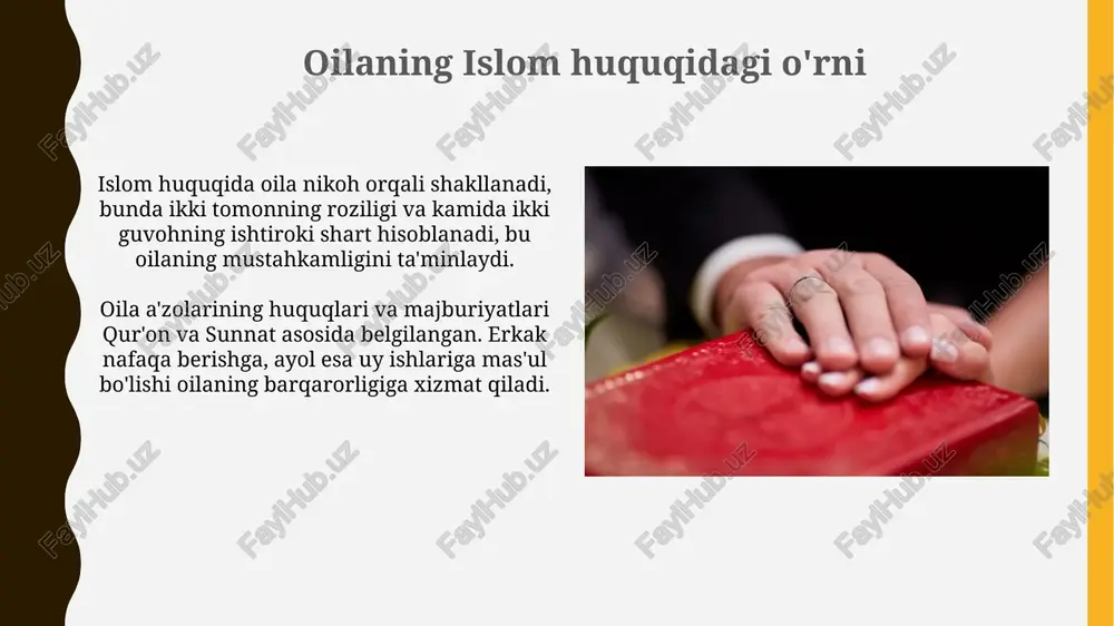 ar miskini to'ydirish yoki qul ozod qilish zarur. zihorda er xotinini onasiga o'xshatgani uchun, nikohda jiddiy muammolar kelib chiqadi. bu, erning xotiniga nisbatan hurmatsizligini ko'rsatadi. nikohni bekor qilishning boshqa usullari erkakning islom dinidan qaytishi nikohni avtomatik ravishda bekor qiladi, chunki musulmon ayol g'ayridinga turmushga chiqa olmaydi; bu shartnoma buzilishining jiddiy shakli hisoblanadi. agar er-xotin birgalikda lian qilsalar, ya'ni, er xotinini zino qilganlikda ayblab, xotin esa bu aybni rad etsa, qozining qarori bilan nikoh bekor qilinadi. farzandlar huquqlari va ularga g'amxo'rlik farzandning moliyaviy huquqlari orasida ota-onaning moddiy ta'minoti, jumladan, uy-joy, oziq-ovqat va kiyim-kechak bilan ta'minlash majburiyati 7 yoshgacha kiradi. islom huquqida farzandlar tarbiyasi, ayniqsa, diniy va axloqiy qadriyatlarga o'rgatish muhim ahamiyatga ega, bunda ota-onalarning roli 12 yoshgacha belgilanadi. mol-mulk masalalari nikohda va undan keyin nikohda mahr masalasi hal qilinadi, er xotiniga beradigan pul yoki mol-mulk, uning miqdori kelishiladi va bu nikoh shartnomasida ko'rsatiladi, odatda 1/3 qism qilib belgilanadi. nikohdan keyin erning …