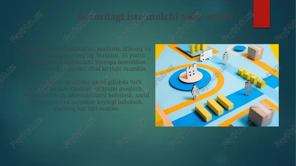 q sifatida, bozorda naflilikni o'lchaydi. talab egri chizig'i ostidagi maydon, narx chizig'idan yuqorida, iste'molchi ortiqchaligini aks ettiradi. bu esa, iste'molchilarning ortiqcha to'lashga tayyorligini ko'rsatadi. xulq-atvor iqtisodiyotining roli xulq-atvor iqtisodiyoti 1970-yillarda paydo bo'lib, odamlarning qaror qabul qilishidagi irratsionallikni hisobga oladi, klassik iqtisodiyotning ratsionallik faraziga zid ravishda. «yo'qotishdan qo'rqish» kabi kognitiv buzilishlar xulq-atvor iqtisodiyotida muhim rol o'ynaydi, bu esa odamlarning yo'qotishlarga yutuqlarga qaraganda kuchliroq reaktsiya berishini ko'rsatadi. amaliy misollar va xulosalar mahsulotlarni baholashda iste'molchilar 1 dan 10 gacha shkala bo'yicha baholashni afzal ko'rishadi, bu ularga sezilarli farqlarni aniqlashda yordam beradi va qulay tanlovni osonlashtiradi. aksariyat xaridorlar 25% chegirma taklifiga qiziqish bildirishadi, chunki bu ularning byudjetini tejashga imkon beradi va keyingi xaridlarga pul ajratish imkonini beradi. e'tiboringiz uchun rahmat image6.jpg image7.jpg image8.jpg image9.jpg image10.jpg image11.jpg image12.jpg image13.jpg image14.jpg image15.jpg image16.jpg image17.jpg image2.png image3.png image4.png image5.png
