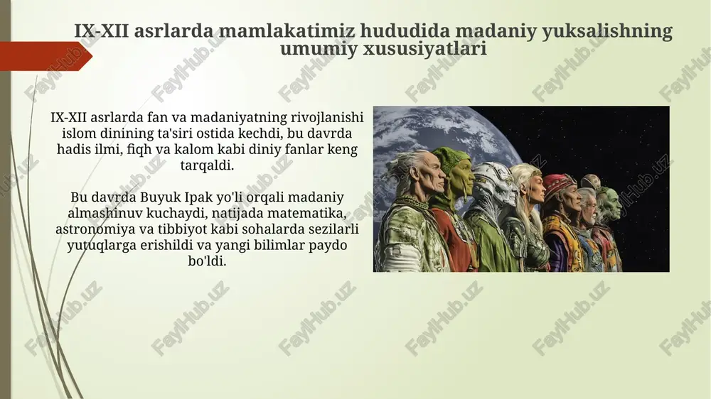 u esa matematikada inqilobiy o'zgarishlarga olib keldi. abu rayhon beruniyning qomusiy bilimlari beruniyning "hindiston" asari hind madaniyati, dinlari va falsafasini chuqur o'rganish natijasidir, unda 11-asr hindiston hayoti tasvirlangan. beruniy hind jamiyatini ob'ektiv tahlil qilgan. beruniy astronomiyada yerning radiusi (taxminan 6339.6 km)ni juda aniqlik bilan hisoblagan, bu uning matematik va astronomik bilimlarining yuqori darajasini ko'rsatadi. uning aniqligi zamonaviy o'lchovlarga yaqin. ibn sinoning tibbiyotga qo'shgan hissasi ibn sino "tib qonunlari"da 760 ga yaqin dori vositalari, ularning ta'siri va tayyorlanish usullarini batafsil bayon etib, farmakologiya rivojiga ulkan hissa qo'shgan. ibn sino birinchi bo'lib meningit, qizamiq va chechak kabi yuqumli kasalliklarni aniq ajratib ko'rsatdi hamda ularning yuqish yo'llarini tushuntirib berdi, bu tibbiyotda katta yutuq bo'ldi. mahmud qoshg'ariyning turkiy tilshunoslikka oid ishlari mahmud qoshg'ariyning "devonu lug'atit turk" asari turkiy tillarning ix-xii asrlardagi geografik tarqalishini ko'rsatuvchi xarita va izohlarni o'z ichiga oladi. qoshg'ariyning leksikografik ishi turkiy tillarning fonetik xususiyatlarini, masalan, unlilar uyg'unligini va undoshlar almashinuvini chuqur …