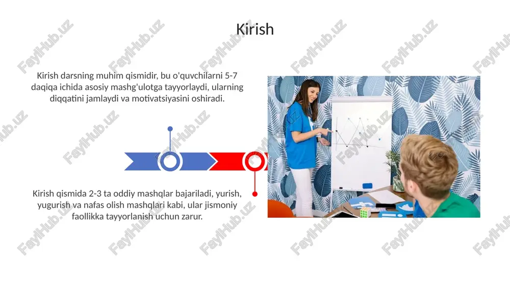 sh tezligi, masofa va kaloriya sarfini o'lchaydigan 7 ta turli fitnes ilovalaridan foydalanishlari mumkin. jismoniy tarbiya darslarida aktdan foydalanish jismoniy tarbiya darslarida aktdan foydalanish o'quvchilarning harakat ko'nikmalarini 2d/3d animatsiyalar orqali vizuallashtirish orqali samaradorligini oshiradi. interaktiv doskalar bilan jihozlangan darslarda o'quvchilarning jismoniy mashqlarini baholash uchun mo'ljallangan maxsus 10 dan ortiq dasturlardan foydalanish mumkin. pedagogik texnologiyalarni joriy etish bosqichlari 1-bosqich - diagnostika: o'quvchilarning jismoniy rivojlanishi, qiziqishlari va ehtiyojlarini aniqlash uchun dastlabki baholashlar o'tkaziladi, mavjud resurslar tekshiriladi. 2-bosqich - rejalashtirish: darsning maqsadlari, vazifalari va natijalari aniqlanadi. pedagogik texnologiyaning turini tanlash va dars ishlanmasini tuzish amalga oshiriladi. pedagogik texnologiyalarni baholash mezonlari texnologiyaning moslashuvchanligi 90% talabalar ehtiyojlariga javob berishi, differensial yondashuv va individual dasturlarni qo‘llash imkoniyatlari orqali baholanadi. pedagogik texnologiyalarning samaradorligi 70% o‘zlashtirish darajasiga erishilganligi, test natijalari va o‘quvchilarning real yutuqlari orqali aniqlanadi. muammolar va ularni hal etish yo'llari jihozlarning yetishmasligi sababli, 2-3 o'quvchini bir qurilmaga biriktirish, navbat bilan ishlash yoki arzonroq analoglardan foydalanish mumkin. …