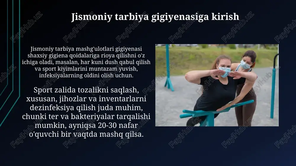 k, qorong'i va jim bo'lishi kerak, shuningdek, siz uyqu uchun qulay sharoit yaratishingiz kerak. terining gigienasi jismoniy mashqlar gigiyenasi 120-130 yurak urish tezligida samarali, ortiqcha zo'riqishdan saqlanish uchun. darsdan so'ng, pulsdagi farq 20-30 zarbadan oshmasligi kerak. sport kiyimlari 100% paxtadan tayyorlangan bo'lishi shart, shuningdek, mavsumga mos bo'lishi kerak. kiyimlar harakatlanishga xalaqit bermasligi va qulay bo'lishi muhim. soch gigienasi soch gigienasi bosh terisi salomatligini ta'minlaydi, sebum miqdorini nazorat qiladi va 100000 dan ortiq soch follikulalarini optimal holatda saqlaydi. sochni muntazam yuvish muhim, lekin haddan tashqari ko'p yuvish bosh terisini qurishi mumkin, shuning uchun haftasiga 2-3 marta yuvish ideal hisoblanadi. og'iz bo'shlig'i gigienasi og'iz bo'shlig'ini gigiyenasi tish emalining demineralizatsiyasini oldini olish uchun fluoridlarni (masalan, 1450 ppmli tish pastalarida) muntazam ravishda ishlatishni o'z ichiga oladi. og'iz bo'shlig'ida 700 dan ortiq turli xil bakteriyalar mavjud, ularning ko'pchiligi tish kariyesi va periodontal kasalliklarga sabab bo'lishi mumkin, shuning uchun gigiyena muhimdir. jinsiy gigiena jinsiy a'zolarni har …