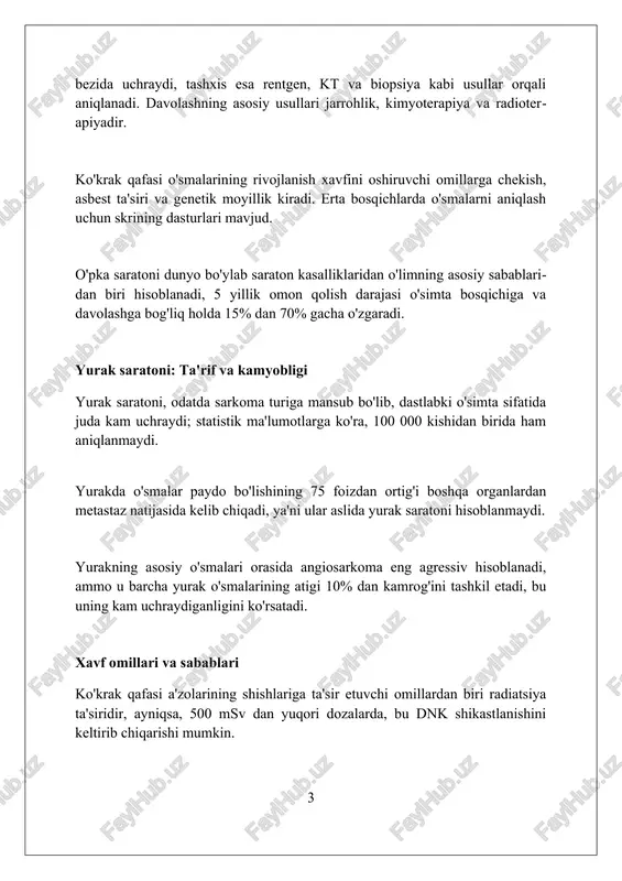 ining shikastlanishi (n) va uzoq metastazlarining mavjudligi (m) kabi tnm tizimidan foydalanadi. bosqichlash raqamlari (0 dan iv gacha) o'simta tarqalish darajasini ko'rsatadi. masalan, 3-bosqich o'simta kattaroq va qo'shni tuzilmalarga tarqalganini anglatishi mumkin. o'simta bosqichi davolash usullarini (masalan, jarrohlik, radiatsiya, kimyoterapiya) tanlashda muhim rol o'ynaydi va bemorning prognozini aniqlashga yordam beradi. davolash usullari: umumiy ko'rinish radiatsiya terapiyasi, xususan, 3d konformal radiatsiya va intensity-modulated radiatsiya terapiyasi (imrt) o'simtani yo'q qilish yoki hajmini kamaytirish uchun yuqori energiyali nurlarni ishlatadi. kimyoterapiya hujayralar bo'linishini inhibe qiluvchi dorilardan foydalanadi; siklofosfamid va doksorubitsin kabi dorilar yurak saratonining agressiv turlarini davolashda qo'llanilishi mumkin. jarrohlik, qisman rezeksiya yoki transplantatsiya kabi usullar o'simtaning joylashuvi va bosqichiga qarab, ko'krak qafasi organlaridagi saratonni davolashda potentsial variant hisoblanadi. jarrohlik jarrohlik usullari o'simtani olib tashlash uchun turli xil bo'lishi mumkin, masalan, keng rezektsiya, segmentektomiya yoki lobektomiya, o'simtaning hajmi va joylashuviga qarab belgilanadi. torakoskopik jarrohlik, minimal invaziv usul bo'lib, bir nechta kichik kesmalar orqali amalga …