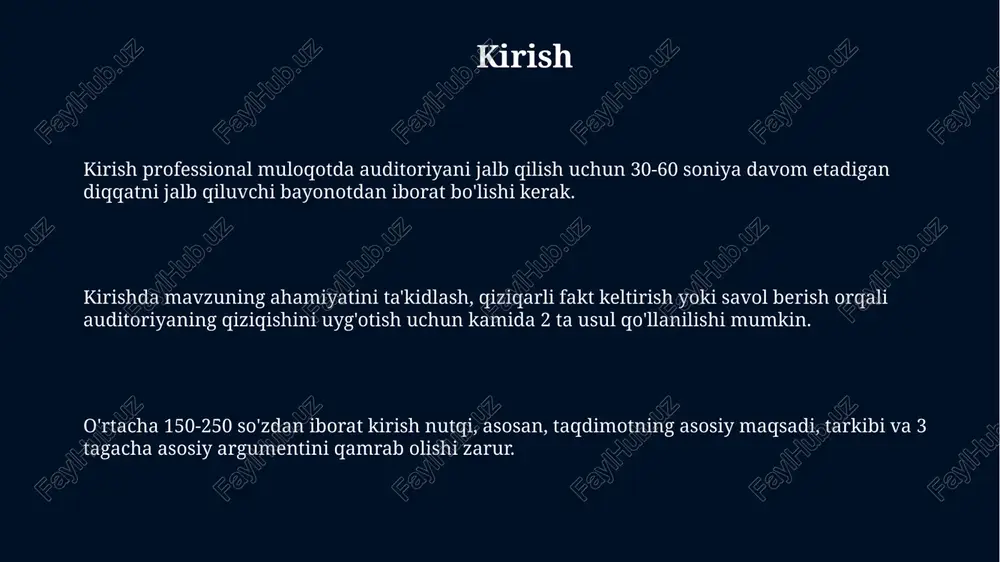 i va shaxslararo munosabatlarda muammolarni keltirib chiqaradi, 4 xil salbiy oqibatlar sodir bo'ladi. uslublarga ta'sir etuvchi omillar tashkilotning tuzilishi, masalan, ierarxiya, qaror qabul qilish uslubini belgilaydi, 80/20 qoida professional aloqada ko'rinadi, bunda yuqori lavozimdagilar ko'proq gapiradi. madaniy me'ros, 10-modda, professional aloqada nutq odobi va kommunikatsiya uslubiga ta'sir etadi, ayniqsa rasmiy muhitda o'zaro hurmat namoyon etish muhim. texnologiya rivoji, masalan elektron pochta orqali xabarlar qisqa va aniq bo'lishi kerakligini talab qiladi; bu esa 6w tamoyillari bilan bog'liq, ya'ni xabarda nima, qachon va qayerda kabi savollarga javob berilishi kerak. professional kommunikatsiyada samarali ishtirok etish strategiyalari faol tinglash strategiyasi, jumladan, 80/20 qoidasiga amal qilish, ma'ruzachining 80% vaqtida gapirishiga va sizning 20% savol berishingizga imkon beradi. aniqlikni oshirish uchun 'smart' (specific, measurable, achievable, relevant, time-bound) maqsadlarni aniqlash, bunda maqsadlar aniq, o'lchanuvchan va erishish mumkin bo'lishi kerak. no verbal signallarga, masalan, ko'z kontaktiga e'tibor berish, agar professional suhbatda 70% vaqt davomida e'tibor berilsa, ishonch hosil …