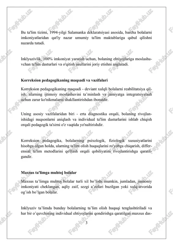 lim rejalari tuzish uchun asos bo'lib xizmat qiladi. korreksion pedagogikada o'yinlar orqali ta'lim metodi mavjud, bu o'quvchilarning motivatsiyasini oshiradi va materialni yaxshiroq o'zlashtirishga yordam beradi. inklyuziv ta'lim metodlari va texnologiyalari inklyuziv ta'limda differensiallash usuli, o'quv materialini 3 darajaga moslashtirish (oddiy, o'rta, murakkab) orqali har bir o'quvchining qobiliyatini hisobga oladi. universal loyihalash (udl) texnologiyasi darslarni barcha o'quvchilarning ehtiyojlariga moslashtirish uchun ko'p usullarni taqdim etadi, masalan, 5 ta sezgi organiga moslashtirish. assistiv texnologiyalar 10 dan ortiq turli xildagi maxsus qurilmalar (masalan, ovozli matn o'qigich) orqali o'quvchilarga mustaqil o'rganishga yordam beradi. o'qituvchining roli va vazifalari o'qituvchi o'quv jarayonida 1-darajali rol o'ynaydi, talabalarning bilim olishi, shaxs sifatida rivojlanishi va jamiyatga moslashuvida muhim vazifalarni bajaradi. inklyuziv ta'limda o'qituvchining vazifasi 2 karra ortadi: 3-toifadagi maxsus ehtiyojli bolalarga moslashgan ta'lim metodlarini ishlab chiqishi lozim. pedagogik mahoratning 100% namoyon bo'lishi, har bir o'quvchining individual xususiyatlarini (qobiliyat, qiziqish) hisobga olgan holda ta'lim berish, o'qituvchining asosiy vazifasidir. ota-onalarning ishtiroki ota-onalarning …