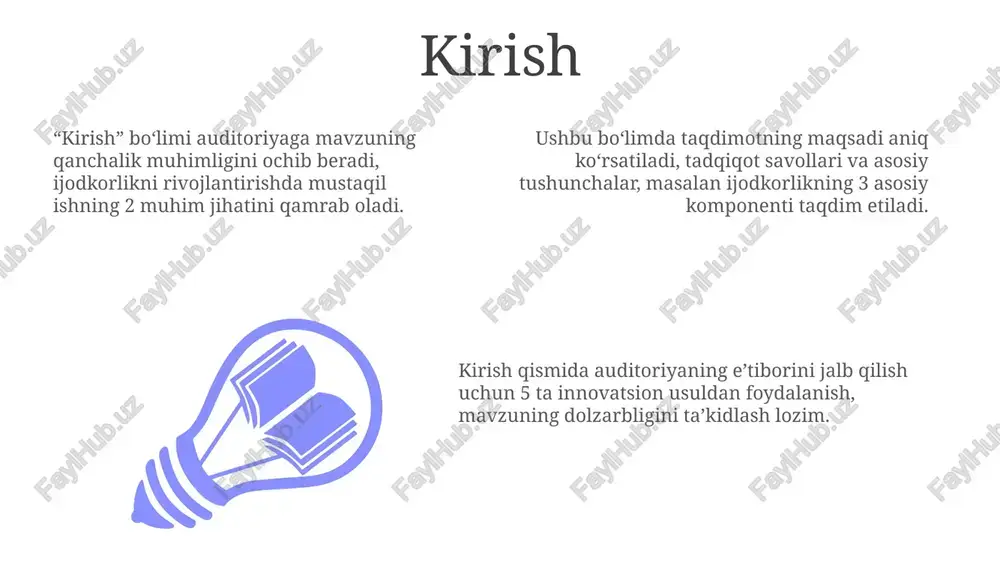 shonch, qiziqish, xavf-xatarsiz muhit yaratish, natijaga emas, balki jarayonga urg'u berish va doimiy fikr-mulohazalar bilan ta'minlash. mustaqil ish uchun topshiriqlarni ishlab chiqish tamoyillari topshiriqlar murakkablik darajasiga ko'ra farqlanishi kerak, o'quvchilarning individual qobiliyatlarini hisobga olgan holda, 1-darajali topshiriqdan 3-darajali topshiriqqacha o'tish imkoniyatini ta'minlash muhimdir. mustaqil ish topshiriqlari aniq maqsadlarga ega bo'lishi kerak, ularning aniq soni va natijalari o'quvchilar tomonidan tushunilishi lozim. bu o'quvchilarga yo'naltirilganlik hissini beradi. baholash mezonlari oldindan e'lon qilinishi shart. o'quvchilar ishni boshlashdan oldin baholash shkalasi bilan tanishishlari, 90 foiz natijaga erishish uchun nimalarga e'tibor berish kerakligini bilishlari zarur. resurslar va vositalar: ijodkorlikni qo'llab-quvvatlash "moodle" kabi lms platformalari guruh loyihalarida ijodiy fikrlashni rag'batlantiradi, chunki ular hamkorlik uchun vositalar, 24/7 resurslar va baholash imkoniyatlarini taqdim etadi. "canva" kabi vizual vositalar taqdimotlar, infografikalar uchun dizayn yechimlarini soddalashtiradi. ijodiy g'oyalarni vizual tarzda aks ettirish uchun 1000 dan ortiq andozalar mavjud. "scratch" kabi dasturlash muhitlari yosh dasturchilarga 150 dan ortiq media elementlari bilan …