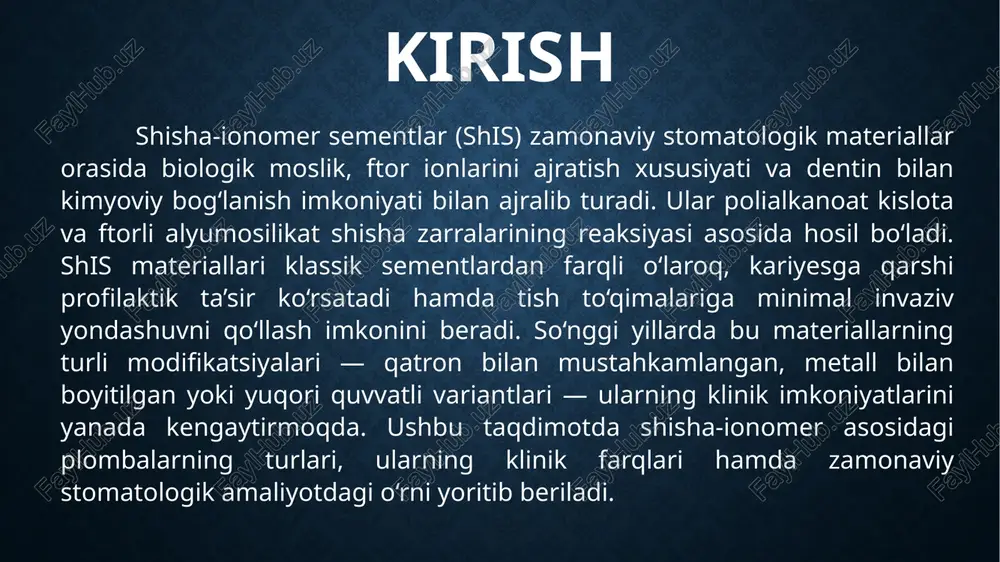 larda, yelkalarda, past yuklanishga ega sohalarda ishlatiladi. rmgiclar uzoq muddatli plombalar sifatida samarali bo‘lib, ularning ishlov berish vaqti ancha qisqargan. metall bilan boyitilgan giclar (masalan, ag-modifikatsiyali variantlar) mikrozarrachali metall komponentlar bilan kuchaytirilgan bo‘lib, ularga nisbatan yuqori yuklamalarga bardosh berish xususiyati beriladi. bu materiallar asosan molar sohalarda, orqa tishlardagi chuqur kavitalar uchun ishlatiladi. yuqori quvvatli giclar esa tarkibidagi shisha va kislota nisbatining o‘zgartirilishi hisobiga ishlab chiqilgan bo‘lib, ularning qattiqligi, aşınmaya chidamliligi va estetik ko‘rsatkichlari yaxshilangan. klinik amaliyotda bunday materiallar an’anaviy kompozit plombalarga alternativa sifatida, ayniqsa, yosh bemorlar va kariesga moyil tishlar uchun qo‘llaniladi. asosiy qism: 3. shis materiallarining zamonaviy stomatologiyadagi qo‘llanilish sohasi shisha-ionomer sementlar terapevtik stomatologiyada keng qo‘llaniladi. ularning dentin va emal bilan ionik bog‘lanish xususiyati, ftor ionlarini ajratish qobiliyati hamda biologik mosligi ularni sut tishlarini plombalash, taglik materiali sifatida ishlatish va kariyesga qarshi profilaktik restavratsiyalarda samarali vosita qiladi. ayniqsa, bolalar stomatologiyasida gic materiallari travmasiz va tez qo‘llaniladigan yechim sifatida qadrlanadi. …