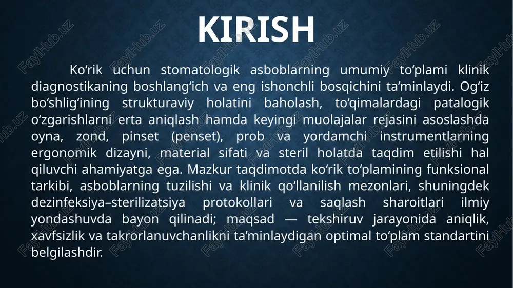 tish yo‘nalishi boshqariladi, teskari tasvirda distal va palatinal/lingval sohalar aniq baholanadi, retraksiyalashda shilliq qavat integriteti saqlanadi. diagnostik zondning ishchi uchi nozik, kesuvchi bo‘lmagan va turli egilish geometriyalariga ega bo‘lib, fissuralar, emal-dentin chegarasi va restavratsiya chetlarini palpatsiya qilishga xizmat qiladi. elastiklik moduli zarar yetkazmasdan sezgirlikni ta’minlaydi, uchi mikroteksturasi esa yuzadagi nozik notekisliklarni aniqlashni osonlashtiradi; ortiqcha bosimdan saqlanish kariyesni iatrogen ravishda kengaytirish xavfini kamaytiradi. pinset steril materiallarni, tampon va artikulyatsiya qog‘ozini aseptik usulda ushlash uchun mo‘ljallangan; uzunligi va jag‘lari geometriyasi tor makonda aniqlikni oshiradi. bahorli (spring) yoki qattiq mexanizmga ega variantlarda riflen tutqich taktil nazoratni kuchaytiradi, jag‘larining muvozanatli yopilishi materialning sirpanib ketishini oldini oladi. har ikkala asbob zanglamas po‘latdan yoki sterilizatsiyaga chidamli qotishmalardan tayyorlanib, avtoklav sikllarida shakl va o‘lcham barqarorligini saqlashi lozim. periodontal prob cho‘ntak chuqurligi, klinik qo‘zg‘aluvchanlik va qonash ko‘rsatkichlarini standartlashtirilgan o‘lchov bilan baholaydi. tuzilmasi millimetrli shkala (masalan, unc-15 yoki williams), sferik yumaloqlangan uch va ergonomik tutqichdan iborat; sferik uch to‘qimalarga …