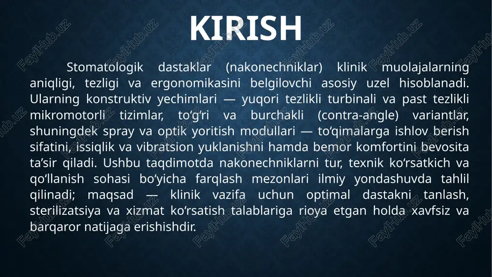 na g‘ildiragini aylantiradi, natijada 200–400 ming rpm tezlikka erishadi, biroq moment nisbatan past bo‘ladi va bosim o‘zgarganda kesish barqarorligi kamayishi mumkin. mikromotorli tizimlar pnevmo yoki elektr motor asosida ishlaydi; elektr mikromotor momentni barqaror ushlab turadi va tezlikni aniqlik bilan nazorat qiladi. uzatma kallaklari mexanik nisbati orqali rejim tanlanadi: 1:5 multiplikator yuqori tezlikda silliq kesish beradi, 1:1 to‘g‘ri uzatma universal vazifalar uchun mos, 10:1 yoki 16:1 reduktor esa past tezlikda yuqori momentni ta’minlab, endodontiya va profilaktika ishlarida nazoratni kuchaytiradi. issiqlik yuklanishini kamaytirish uchun turbinali va mikromotorli kallaklarda suv–havo spray tizimi qo‘llanadi; ko‘p kanalli ichki irrigatsiya sovitishni bir maromda taqsimlaydi va ko‘rish maydonini tozalaydi. optik tolali yoritish, odatda led modul, rangni to‘g‘ri uzatib, soya va porlashni kamaytiradi; elektr mikromotor bilan bog‘langan optik tizim yorug‘lik barqarorligini oshiradi. vibratsiya va shovqin turbinalarda yuqori tezlik sabab ko‘proq seziladi, keramika podshipniklar va dinamik balans bu ta’sirni pasaytiradi; mikromotorlarda vibratsiya pastroq, moment barqarorligi esa bur sinishi va …