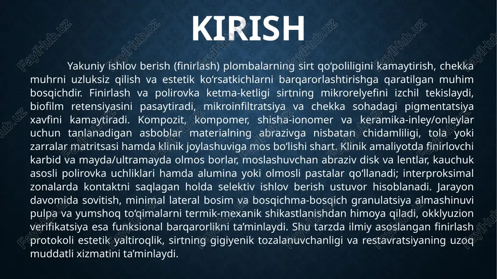 di, embrasure geometriyasi saqlanadi. issiqlik va mikrochiplanish xavfini kamaytirish uchun sovitish sprayi uzluksiz yoqilgan bo‘ladi, lateral bosim minimal darajada saqlanadi va ishchi yuzadagi chiplar muntazam tozalanadi. kontur tiklangach, yuzaning mikroqo‘poliligi kamaytiriladi. o‘rtacha va mayda granulatsiyali abraziv disklar, moslashuvchan lentlar hamda konveks/konkav profilli finirlovchi uchliklar bilan chekka muhr izchil tekislanadi. qiyin kirish zonalarida ingichka “flame” yoki “needle” profilidagi olmoslar, kontakt sohasida esa tor disk va lentlar qo‘llanadi; interproksimalda kontakt nuqtasi saqlanadi va ip (floss) bilan tekshiriladi. okklyuzion kontaktlar artikulyatsiya qog‘ozi bilan bosqichma-bosqich verifikatsiya qilinadi; prematur nuqtalar minimal ishlov bilan bartaraf etiladi. tezlik o‘rta diapazonda, bosim esa materialning termomekanik xususiyatlariga mos ravishda past saqlanadi. yakuniy yaltiroqlik va gigiyenik tozalanuvchanlik kauchuk asosli polirovka uchliklari, silikon-poliuretanli ko‘p bosqichli tizimlar va past abraziv (alyuminiy oksid yoki olmosli) pastalar bilan erishiladi. vestibulyar yuzalarda keng profil, fissura va marjinal zonalarda esa tor va konik uchliklar tanlanadi; polirovka past tezlikda, issiqlik nazorati ostida olib boriladi. sirt yakunida zond …
