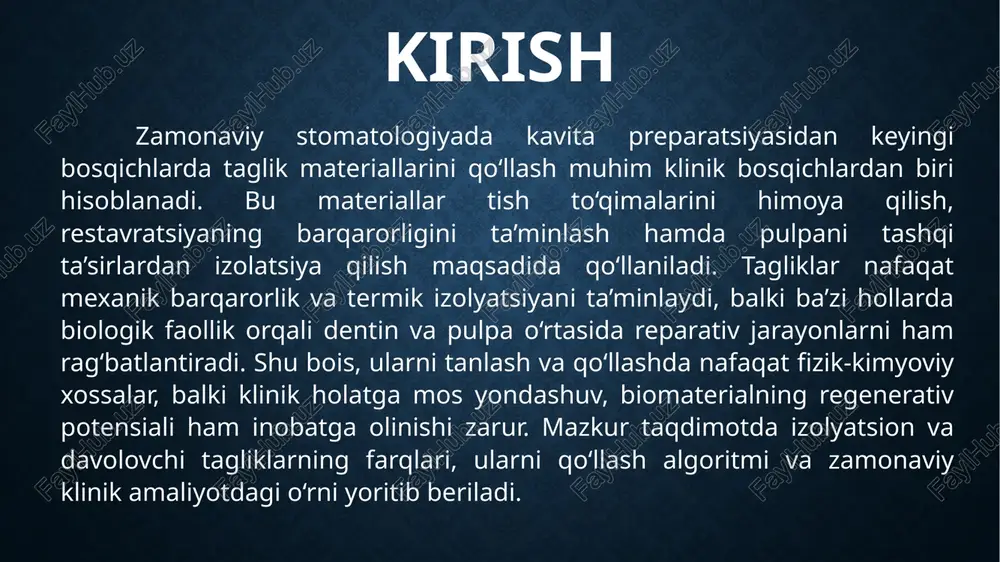 lgan tarzda amalga oshiriladi. asosiy qism: 2. tagliklarni klinik qo‘llash algoritmi: kavita chuqurligi, dentin holati va biomaterialga asoslangan yondashuv kavitaning chuqurligi taglik materialini tanlashda muhim klinik mezon hisoblanadi. sirtga yaqin (yuzaki) kavitalarda taglik qo‘llash shart emas, chunki qoldiq dentin yetarli himoya funksiyasini bajaradi. o‘rta chuqurlikdagi kavitalarda (0.5–1.0 mm qoldiq dentin) izolyatsion tagliklar qo‘llaniladi: bu materiallar dentinni qatron monomerlaridan, issiqlik va galvanik oqimlardan himoya qiladi. chuqur kavitalarda, ayniqsa pulpaga juda yaqin (≤0.5 mm) bo‘lgan hollarda esa davolovchi (bioaktiv) tagliklar zarur bo‘ladi. bu holatda kaltsiy gidroksid, mta yoki biokeramik asosli materiallar tanlanadi, ular pulpani tirnashdan himoya qilib, reparativ dentin hosil bo‘lishiga yordam beradi. qoldiq dentinning holati – ya’ni uning namligi, rang o‘zgarishi, kariyesdan zararlanish darajasi, sklerotik holati – taglik tanlashda hal qiluvchi omildir. sog‘lom, zich dentin ustiga shisha-ionomer yoki rmgi izolyator sifatida surtilsa, adgeziya tizimlari bilan muvofiqligi yuqori bo‘ladi. ammo demineralizatsiyalangan yoki yumshagan dentin holatlarida davolovchi tagliklar ko‘proq qo‘llaniladi. kaltsiy gidroksid preparatlari …