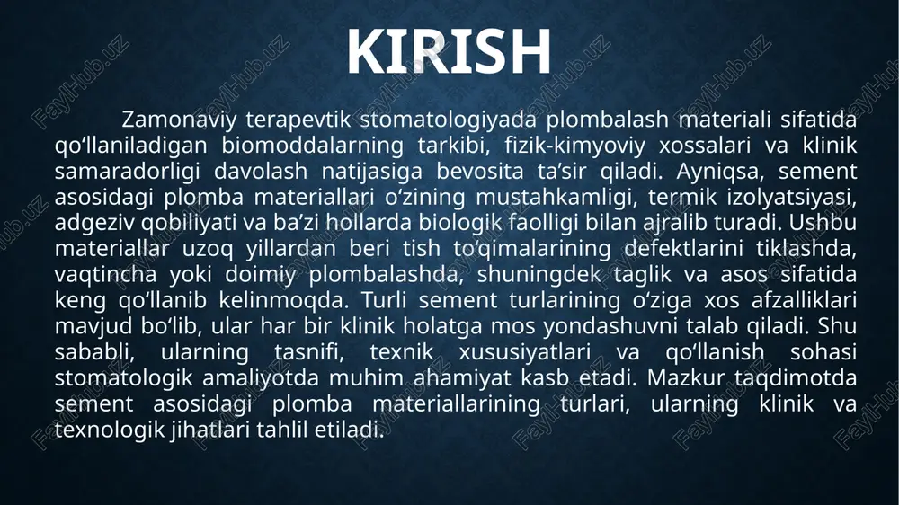 lan moslashadi, ammo kislotaga chidamsiz, mo‘rt va pulpa uchun xavfli bo‘lishi mumkin. hozirda kam qo‘llaniladi. shisha-ionomer sementi (gic) esa polialkanoat kislotasi va ftorli shisha aralashmasidan iborat bo‘lib, biologik faol, tish to‘qimalari bilan kimyoviy bog‘lanadi va ftor ionlarini ajratadi. bu esa kariyesga qarshi ta’sir ko‘rsatadi. termik izolyatsiyasi yaxshi, ishlov berish oson, mustahkamligi o‘rtacha. ko‘pincha taglik yoki vaqtincha plombalar uchun ishlatiladi. rezin-modifikatsiyalangan gic (rmgic) — shisha-ionomer va qatron aralashmasi bo‘lib, qotishi yorug‘lik va kimyoviy yo‘l bilan amalga oshadi. u yuqori adgezivlik, yaxshi elastiklik, nisbatan mustahkam struktura va tez qotish bilan ajralib turadi. ko‘p holatlarda taglik, asos, bolalar plombasi sifatida ishlatiladi. bioaktiv sementlar – (masalan, mta, kaltsiy silikat, biokeramiklar) – yuqori ph, pulpa regeneratsiyasini faollashtirish, antibakterial ta’sir, dentin bilan ion almashinuvi xususiyatlariga ega. klinik jihatdan chuqur kavitalar, pulpa ekspozitsiyasi, vital pulpotomiya holatlarida ishlatiladi. ularning ishlov berish uslubi murakkabroq, ammo natijasi barqaror va biologik jihatdan ustun. xulosa sement asosidagi plomba materiallari stomatologiyada uzoq yillik …