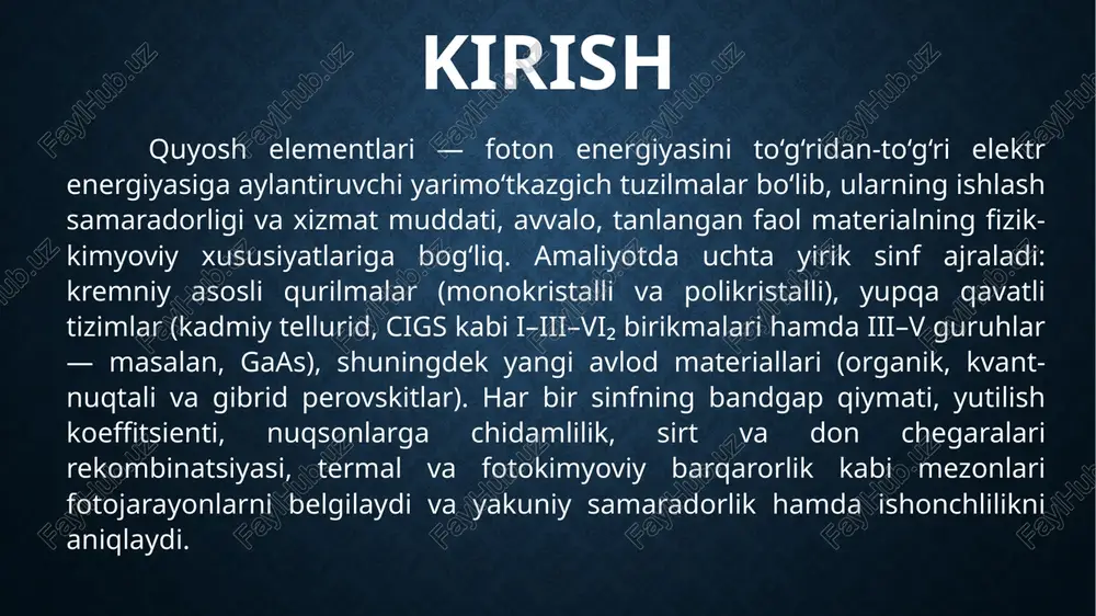 ish koeffitsienti juda yuqori; shu sabab 2–4 μm qalinlikning o‘zi fotonlarni samarali yutadi. don chegaralari ko‘p bo‘lsada, xlor yoki mis bilan ishlov berish yo‘li bilan don-chegara passivatsiyasi amalga oshiriladi va rekombinatsiya yo‘qotishlari kamaytiriladi. cigs (cu(in,ga)se2) birikmasida galliyni sozlash orqali tarmoqli oralig‘i moslashtiriladi, bu spektrni mos yutish va kuchlanishni oshirish imkonini beradi; modulyatsiyalangan kompozitsiya va don-chegara kimyosi tashuvchi to‘planishini yaxshilaydi. har ikki tizimda shaffof o‘tkazuvchi oksid va bufer qatlam (masalan, cds o‘rniga zn(o,s)) bilan energetik moslik muhim, texnologik jihatdan esa past haroratli cho‘ktirish usullari arzon substratlarda ishlab chiqarishni qo‘llab-quvvatlaydi. kimyoviy xavfsizlik va ta’minot zanjiri cheklovlari ekologik boshqaruv va qayta ishlash strategiyalarini talab qiladi. galliy arsenid va unga qarindosh ingap, ingaas kabi iii–v materiallar to‘g‘ridan-to‘g‘ri tarmoqli oralig‘i, yuqori harakatchanlik va past ichki rekombinatsiya tufayli rekord samaradorlik ko‘rsatadi. epitaksial o‘stirish nazorat qilinadigan nuqsonlar zichligi, sirt va p–n interfeyslarning mukammal energetik mosligini ta’minlaydi; natijada ochiq zanjir kuchlanishi yuqori va to‘ldirish koeffitsienti katta bo‘ladi. tarmoqli …