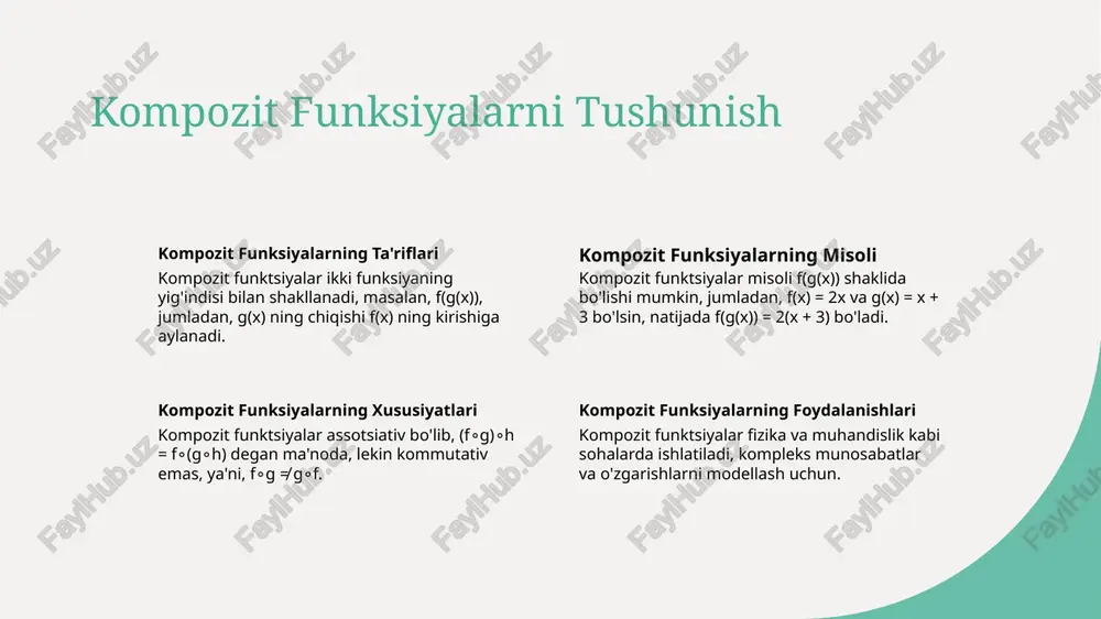larni o'z ichiga oladi. misollar elementar funksiyalar murakkab funksiyalar elementar funksiyalar murakkab funksiyalarni birlashtirishni, (f o g)(x) = f(g(x)) ko'rinishida ifodalaydi. masalan, f(x) = 2x va g(x) = x^2 funksiyalarining birlashtirilgan holda f(g(x)) = 2x^2 ni hosil qiladi. elementar funksiyalar murakkab funksiyalarining qo'llanilishi elementar funksiyalar murakkab funksiyalarni oddiy matematik ifodalarini soddalashtirish va o'zgarish tezligi va optimallashtirish masalalarini hal qilishda ko'p qo'llanadi. chegaralangan ketma-ketliklar konvergensiya konvergensiyani tushunish ketma-ketlikning chegarasi konvergent ketma-ketliklarning misollar chegaralangan ketma-ketlik konvergensiya bo'lishi, ketma-ketlikning qiymatlari o'sib borishiga qarab biror qiymatga yaqinlashishi bilan sodir bo'ladi. ketma-ketlikning chegarasi, ketma-ketlikning sira o'sib borishiga qarab qo'shiladigan qiymatdir, lim⁡(an)=l deb belgilanadi. konvergent ketma-ketlikning bir misoli {1/n} bo'lishi mumkin, bu {n→∞} da 0 ga konvergent bo'ladi. chegaralangan ketma-ketliklarning chegaralari 1 2 3 chegaralangan ketma-ketliklarni tushunish ketma-ketlikning chegarasini o'rganish chegaralangan ketma-ketliklarning chegarasining ahamiyati chegaralangan ketma-ketliklar - bu tushganliklar biror chegarada chegaralanadi, masalan, -1 ≤ an ≤ 1 kabi. chegaralangan ketma-ketlikning chegarasi - bu ketma-ketlik elementlari …