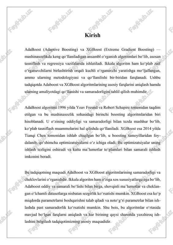 , ularning asosiy farqlari, ishlash mexanizmlari va amaliyotdagi qo’llanilishlari haqida batafsil ma’lumot beramiz. taqqoslash uchun, birinchidan, adaboost algoritmi 1996-yilda yoav freund va robert schapire tomonidan taklif qilingan bo’lib, u dastlabki kuchaytirish algoritmlaridan biri sifatida tanilgan. bu algoritm, qiyin vazifalarni hal qilishda kuchsizlikni kamaytirish va to’g’ri klassifikatsiyalarni ta’minlash uchun bir necha kuchsiz o’qituvchilarni ketma-ket birlashtirishga asoslanadi. u har bir kuchsiz o’qituvchining xatolarini tahlil qilib, ularga ko’proq ahamiyat berish orqali o’z natijalarini yaxshilaydi. xgboost, o’z navbatida, 2014-yilda tianqi chen tomonidan ishlab chiqilgan va u kuchaytirish asoslari ustiga bir qator optimallashtirishlarni kiritgan. xgboost, gradient usulidan foydalanib, rejalashtirilgan xatolarni minimallashtirishga qaratilgan, bu esa uni juda tez va samarali qiladi. bu algoritm, shuningdek, regularizatsiya va parallel hisoblash imkoniyatlari bilan birga keladi, bu esa uning murakkabligini kamaytiradi va ishlashini oshiradi. taqqoslashda yana bir muhim jihat, algoritmlarning qo’llanishidir. adaboost ko’pincha oddiy va kichik o’lchovli ma’lumotlar to’plamlari uchun qo’llaniladi, bu esa uni oddiy klassifikatsiya vazifalari uchun ideal qiladi. …
