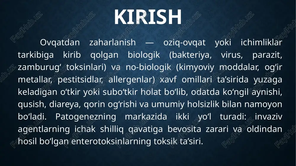 ‘planishi natijasida yuzaga keladi, ciguatera tropik baliqlardagi ciguatoksin bilan bog‘liq bo‘ladi. qo‘ziqorin toksinlari orasida amanita phalloides kabi turlarning amatoksinlari jigar nekroziga olib kelishi mumkin. noto‘g‘ri saqlash, izolyatsiya qoidalariga rioya qilmaslik va trasebillikning yo‘qligi bu holatlar xavfini oshiradi. zaharlanishlarning ko‘pchiligi “harorat–vaqt–gigiyena” zanjiri buzilishi natijasidir: 5 °c dan yuqorida uzoq saqlash yoki 65–75 °c ichki haroratda pishirmaslik, xom va tayyor ovqatni bir xil jihozda ajratmasdan tayyorlash, ishchi yuzalarni tozalamagan holda foydalanish, sovutish zanjiri uzilishi va ichimlik suvining ifloslanishi asosiy sabablar sirasiga kiradi. bolalar, keksalar, homiladorlar va immuniteti susaygan shaxslar og‘ir kechish xavfi yuqori guruhdir. etiologik turdan qat’i nazar, manbani aniqlash, kesishgan kontaminatsiyani uzish va harorat-nazoratni tiklash epidemiologik jihatdan hal qiluvchi choradir. asosiy qism: 2. ovqatdan zaharlanish belgilari va klinik oqibatlari ovqatdan zaharlanish odatda to‘satdan boshlanadi; inkubatsiya davri etiologiyaga bog‘liq: oldindan hosil bo‘lgan toksinlar iste’molida 1–6 soat, bakterial infeksiya va virusli gastroenteritlarda 12–72 soat, parazitar shakllarda esa bir necha kun–haftagacha cho‘zilishi mumkin. klinik …