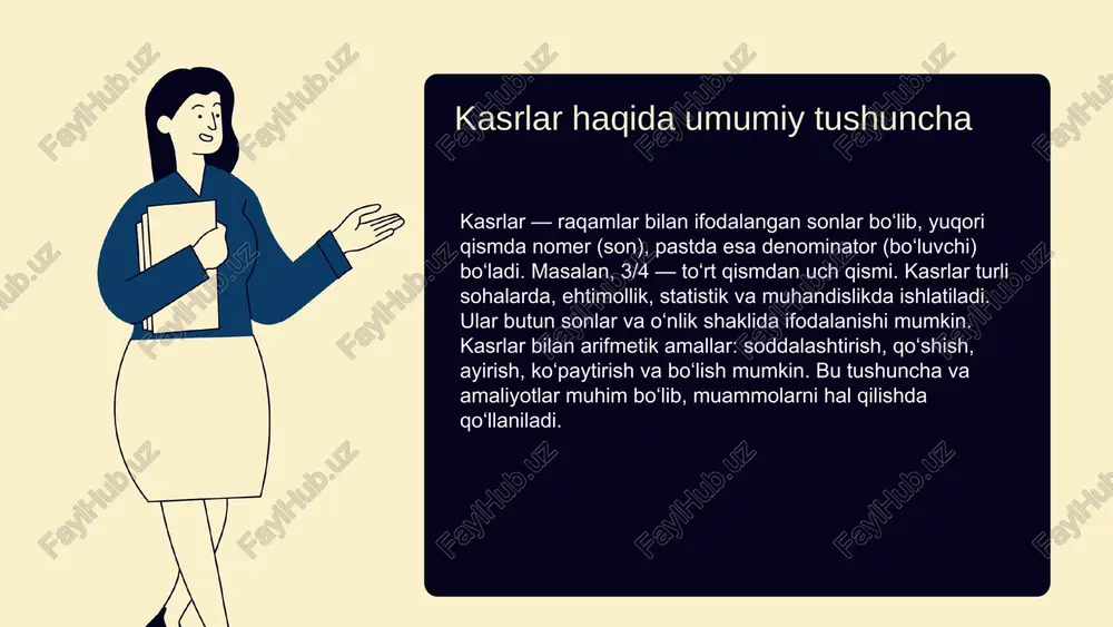 ri qo'shish qoidasi shundan iboratki, avvalo, kasrlarning umumiy bo'luvchisiga tenglashtiramiz. so'ngra, kengaytirilgan kasrlarning yunalishlaridan qo'shamiz va natijani soddalashtiramiz. misollar bilan tushuntirish misol uchun, 3/4 va 2/3 kasrlarini qo'shamiz. ekub 12, shuning uchun, 3/4 = 9/12 va 2/3 = 8/12. qo'shib, 17/12 natijasiga erishamiz, bu esa 1 5/12 shaklida yoziladi. kasrlarni ayirish kasrlarni ayirish uchun, denominatorlar teng bo'lsa, raqamlar ayiriladi. agar denominatorlar teng bo'lmasa, lcm topib, kasrlarni tenglashtiramiz, so'ng ayiramiz. lcm yordamida kasrlarni tenglashtirib, raqamlar ayiriladi, natija topiladi. masalan, 3/8 - 1/6 uchun, lcm 24, kasrlar 9/24 va 4/24, ayirish 5/24. ko'paytirish qoidasi kasrlarni ko'paytirishda, raqamlar alohida ko'paytiriladi: yuqori sonlar (nominatorlar) va pastki sonlar (denominatorlar) alohida ko'paytiriladi. formulasi: (a×c)/(b×d). misollar bilan tushuntirish masalan, 2/3 va 4/5 kasrlarini ko‘paytirsak, 2×4=8 va 3×5=15 bo‘ladi, natija 8/15. bu natijani soddalashtirish mumkin, agar kerak bo‘lsa. kasrlarni bo'lish kasrlarni bo‘lish jarayonida, ikki yoki undan ortiq kasr yoki butun sonlarni bo‘lish amalga oshiriladi. nolga bo‘lish mumkin emas, …