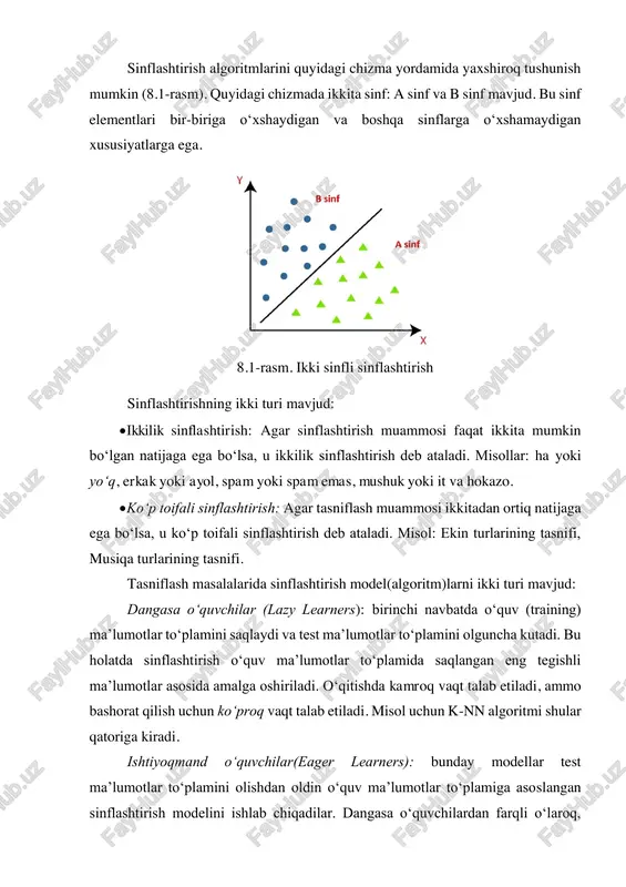 modellar: • k-yaqin qoʻshnilar (k-nearest neighbours) • yadro svm (kernel svm) • sodda bayes (naïve bayes) • qaror daraxti tasnifi (decision tree classification) • tasodifiy oʻrmon tasnifi (random forest classification) sinflashtirish algoritmlari turli sohalarda ishlatilishi mumkin. quyida sinflashtirish algoritmlaridan ba’zi mashhur foydalanish holatlari keltirilgan: • elektron pochta spamlarini aniqlash (email spam detection) • nutqni tanish (speech recognition) • saraton oʻsimta hujayralarini aniqlash (identifications of cancer tumor cells) • dori vositalarining tasnifi (drugs classification) • biometrik identifikatsiya va boshqalar (biometric identification, etc). regressiya va sinflashtirish algoritmlari nazorat ostida oʻqitish algoritmlaridir va ikkala algoritm ham mashinali oʻqitishda bashorat qilish va yorliqli ma’lumotlar toʻplami bilan ishlash uchun qo‘llaniladi. ammo ikkalasining farqi: ular turli xil mashinali oʻqitish muammolari uchun ishlatilishida. regressiya va sinflashtirish algoritmlari oʻrtasidagi asosiy farq shundaki, regressiya algoritmlari narx, ish haqi, yosh va boshqalar kabi uzluksiz qiymatlarni bashorat qilish uchun ishlatiladi va sinflashtirish algoritmlari erkak yoki ayol, toʻgʻri yoki notoʻgʻri, spam yoki …