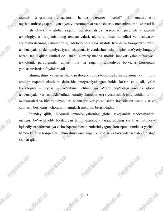 va boshqaruv mexanizmlarini yagona konseptual ramkada yoritadi hamda kelgusi bosqichlar uchun ilmiy asoslangan xulosalar va tavsiyalar ishlab chiqishga xizmat qiladi. 1. raqamli texnologiyalar tushunchasi va ularning global miqyosdagi ahamiyati raqamli texnologiyalar — bu axborotni diskret raqamlar (bitlar) ko‘rinishida yaratish, saqlash, qayta ishlash va uzatishni ta’minlaydigan texnik-dasturiy hamda tashkiliy yechimlar majmuasidir. mazkur majmua apparat (kompyuterlar, sensorlar, mobil qurilmalar, serverlar), dasturiy platformalar (operatsion tizimlar, ilovalar, ma’lumotlar bazalari), tarmoqlar (keng polosali internet, uyali aloqa, sun’iy yo‘ldosh va optik tolali infratuzilma) va ma’lumotlar (strukturaviy/nostrukturaviy, real vaqt oqimlari)dan tashkil topadi. ularning mohiyati raqamlashtirish (digitizatsiya) va raqamli transformatsiya (digital transformation) bosqichlarida namoyon bo‘ladi: birinchisi analog jarayonlarni raqamli formatga o‘tkazishni, ikkinchisi esa butun ish jarayonlari, biznes modellari va boshqaruv arxitekturasini qayta loyihalashni anglatadi. raqamli texnologiyalarni shartli ravishda ikki guruhga ajratish mumkin. (1) tayanch (bazaviy) texnologiyalar: sun’iy intellekt va mashinaviy o‘qitish, bulutli va chekka (edge) hisoblash, katta ma’lumotlar analitikasi, iot, blokcheyn, 5g/6g, kiberxavfsizlik hamda immersiv muhitlar (ar/vr). (2) …