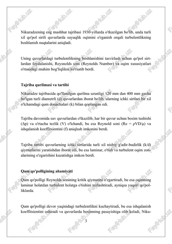 ar oqim zonasi laminar oqim zonasi reynolds soni (re) 2300 dan past boʻlgan suyuqlik harakatini ifodalaydi, bu yerda suyuqlik qatlamlari bir-biriga aralashmasdan, silliq parallel yoʻllar boʻylab harakatlanadi. laminar oqimda suyuqlikning viskozitesi (ichki ishqalanish) asosiy rol oʻynaydi va bosimning pasayishi hagen-puazeyl qonuni orqali aniqlanadi, bu diametri (d) va uzunligi (l) bilan bog'liq. laminar oqim zonasi uchun ishqalanish koeffitsienti (f) reynolds soniga (re) teskari proportsionaldir (f = 64/re, dumaloq quvurlar uchun), bu esa oqimning barqaror va tartibli ekanligini ko'rsatadi. o'tish zonasi o'tish zonasi reynold qonuniyatiga mos kelmaydi. 2300 dan 4000 gacha bo'lgan reynold sonlarida laminar va turbulent oqim o'rtasida beqaror xatti-harakatlar kuzatiladi. o'tish zonasida bosim yo'qotish koeffitsienti (λ) laminar oqimning chiziqli qonuniga bo'ysunmaydi va to'liq turbulent oqimga xos bo'lgan gidravlik qarshilikning to'liq rivojlanishini ko'rsatmaydi. ushbu oraliqda oqim tabiatini aniqlash juda qiyin, chunki u trubaning kirish qismidagi buzilishlarga va sirtning g'adir-budurligiga juda sezgir; kichik o'zgarishlar oqim turini keskin o'zgartirishi mumkin. turbulent oqim zonasi …