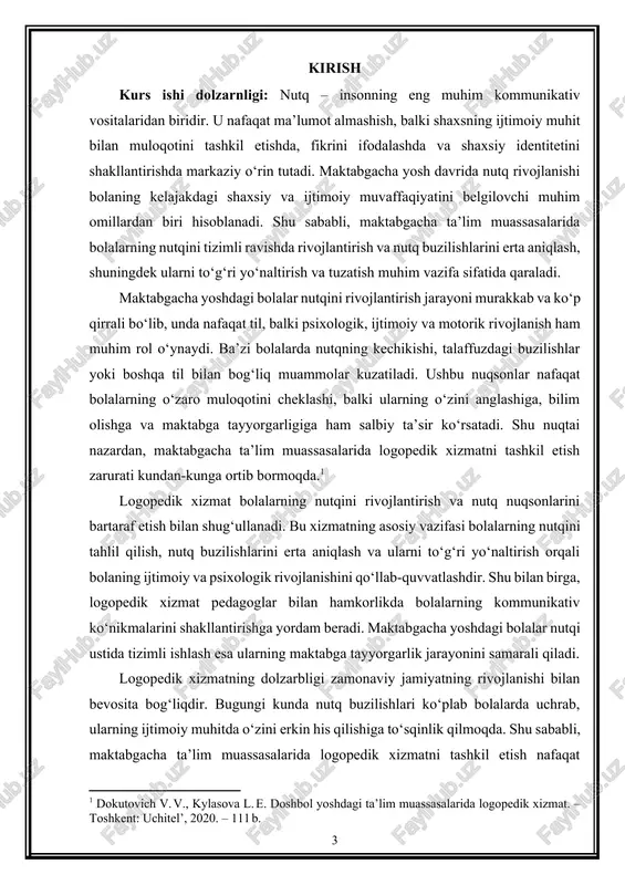 xos sur’atlari va xususiyatlariga ega. shu sababli, logopedik xizmat mutaxassisi har bir bolani alohida baholash, uning nutq qobiliyatini tahlil qilish va shunga mos ravishda mashg‘ulotlar rejasini tuzish bilan shug‘ullanadi. bu esa pedagogik jarayonning samaradorligini oshiradi va bolalarning nutqini rivojlantirishda maksimal natija beradi. maktabgacha yoshdagi bolalarga logopedik yordam ko‘rsatishning muhim jihatlaridan biri ham ularning ijtimoiy muhitga moslashuvi bilan bog‘liqdir. nutq orqali bola o‘z fikrini ifodalay olishi, o‘rtoqlari bilan muloqot qilish ko‘nikmalarini egallashi va jamiyatda o‘z o‘rnini topishi mumkin. shu nuqtai nazardan, logopedik xizmat bolalarning nafaqat til va nutq qobiliyatini rivojlantirish, balki ularning shaxsiy va ijtimoiy rivojlanishiga ham xizmat qiladi. maktabgacha ta’lim muassasalarida logopedik xizmatni tashkil etish bugungi kunda pedagogika va psixologiya sohasida dolzarb masala hisoblanadi. nutq rivojlanishidagi muammolarni erta aniqlash va ularni tuzatishga yo‘naltirilgan tizimli ishlar bolalarning kelajakdagi ijtimoiy va akademik muvaffaqiyatini ta’minlashda muhim omil bo‘ladi. shu bois, logopedik xizmatning tashkil etilishi va samarali ishlash mexanizmlarini o‘rganish maktabgacha ta’lim muassasalari faoliyatining …
