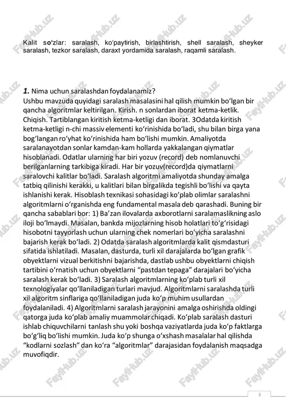nadi. joylashtirish usulida saralash eng yomon holda vaqtida bajariladi. qo‘shish saralash usulining asimptotik eng yaxshi ishlash vaqti ga teng. joylashtirish, qo‘shish, piramida va tezkor saralash usullarining bitta umumiy tomoni shundan iboratki, ular berilgan massiv elementlarini juftliklarda taqqoslash prinsipi bo‘yicha ishlaydi. quyidagi jadvalda saralash algoritmlarining ish vaqti haqida ma’lumotlar keltirilgan. odatdagidek, n saralanishi kerak bo‘lgan elementlar sonini bildiradi. saralash jarayonida saralanadigan elementlar to‘plamdagi butun sonlar bo‘ladi. saralash holida har bir element d- qiymatli sonni tasvirlaydi, har bir uning soni turli xil k qiymatlarni qabul qiladi. cho‘ntak usulida saralashda kalitlar bir xil tartibda yarim ochiq haqiqiy sonlar oraliqda joylashgan bo‘ladi. o‘ng tomondagi chetki ustunda algoritmlarning o‘rtacha holda ish vaqtlari yoki kutilayotgan ish vaqtlari keltirilgan. 6 3. tanlash saralash. tanlash saralash boshida tartibsiz ro‘yxatdan eng kichik elementni tanlanashdan iborat. shundan so‘ng dastlabki ro‘yxat o‘zgaradi. o‘zgartirilgan ro‘yxat boshlang‘ich ro‘yxat sifatida qabul qilinadi va jarayon barcha elementlar tanlangungacha davom etadi. tanlangan elementlar tartiblangan ro‘yxatni hosil …