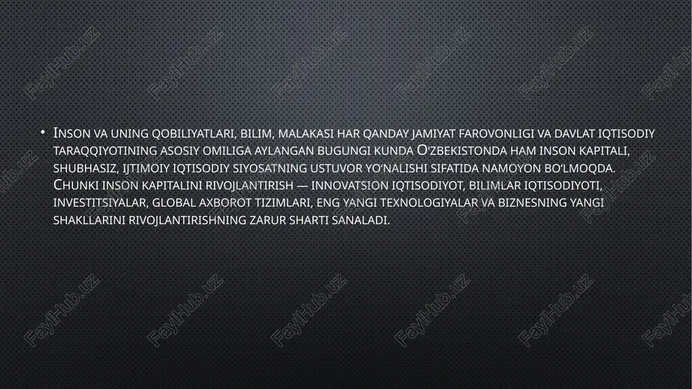 turmush tarzini yaratib berishga kun tartibidagi asosiy masala sifatida qaralmoqda. oʻzbekiston respublikasi prezidentining “2020-2025-yillarda oʻzbekiston respublikasini innovatsion rivojlantirish strategiyasini tasdiqlash toʻgʻrisida”gi farmonida “mamlakatning xalqaro maydondagi raqobatbardoshligi darajasini va innovatsion jihatdan taraqqiy etganini belgilovchi asosiy omil sifatida inson kapitalini rivojlantirish —strategiyaning bosh maqsadidir”, deb belgilab berildi. shu bilan birga, 2022-yilning may oyida ilm-fan va oliy taʼlim sohasini rivojlantirish boʻyicha belgilangan vazifalar ijrosiga bagʻishlangan yigʻilishda prezidentimiz mazkur sohaga oid davlat dasturlarini shakllantirish va markazlashgan tartibda moliyalashtirish orqali ilm-fanni tubdan rivojlantirish, yuksak natijadorlikka yoʻnaltirilgan ixtisosliklar boʻyicha milliy laboratoriyalar tizimini yaratish, ilmiy ishlanmalarni tijoratlashtirish, xalqaro reytinglarda mamlakatimiz fani nufuzini koʻtarish boʻyicha fikr yuritar ekan, “...bu ishlardan asosiy maqsad mamlakatimizda inson kapitalini rivojlantirish, xom ashyo va uni qayta ishlash bilan uzoqqa borib boʻlmaydi, qolaversa, ishlab chiqarishda qoʻshimcha qiymat olish uchun ham innovatsiyalar kerak. shu bois ilm-fan taraqqiyotimizning muhim yoʻnalishi, tayanchi boʻladi”, — deb taʼkidlab oʻtdi. soha mutaxassislarining fikriga koʻra, ilk bolalikda investitsiya kiritish boshqa dasturlarga …
