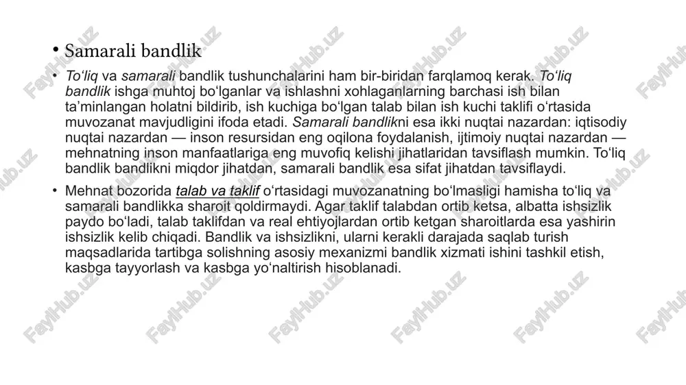 sh sohasida ijtimoiy kafolatlar berish va aholini ishsizlikdan himoya qilishni ta’minlash; ijtimoiy himoyaga o’ta muhtoj va ish topishda qiynalayotgan fuqarolar uchun mavjud ish joylarini saqlab qolayotgan va yangi ish joylarini yaratayotgan ish beruvchilarni rag’batlantirish; ish bilan ta’minlash sohasidagi tadbirlarni ijtimoiy va iqtisodiy siyosatning boshqa yo’nalishlari bilan muvofiqlashtirish; aholini ish bilan ta’minlash chora-tadbirlarini ishlab chiqish, amalga oshirish va ularning bajarilishini nazorat qilishda davlat organlari, kasaba uyushmalari, xodimlarning vakillik organlari va ish beruvchilarning o’zaro hamkorligi; aholini ish bilan ta’minlash muammolarini hal qilishda davlatlararo hamkorlik . 2022-yilda aholi bandligini ta’minlash yo‘nalishida amalga oshirilgan ishlar hududlarda korxonalar 85 mingtaga ko‘payib, ularning soni 550 mingtaga yetdi. natijada, tadbirkorlik, sanoat, qishloq xo‘jaligi, xizmat ko‘rsatish kabi sohalarda 2 million aholining doimiy bandligi ta’minlandi; 2022 yilda daromad solig‘i to‘layotgan rasmiy band bo‘lganlar soni 400 mingtaga oshdi. ularning soni 5 million 100 mingga yetdi; mahallalardagi 35 mingta mikro-loyiha doirasida 175 ming aholi o‘zi yashaydigan mahallada daromad topishga ega bo‘ldi; …