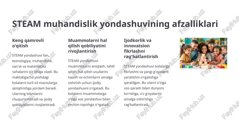 biliyatini yaxshilaydi. shu sababli, maktabgacha ta'lim muassasalarida bolalarning muhandislik qobiliyatlarini rivojlantirish uchun maxsus dasturlarni ishlab chiqish muhimdir. 5 steam muhandislik ko'nikmalarini rivojlantirishning asosiy tamoyillari qiziqish va kashfiyot steam muhandislik ko'nikmalarini rivojlantirishda qiziqish va kashfiyot juda muhimdir. bolalar o'zlarini qiziqtirgan narsalarni o'rganishga va o'zlarini kashf qilishga rag'batlantirilishi kerak. amaliy yondashuv o'rganish amaliy bo'lishi kerak. bolalar o'zlarining bilimlarini amalda qo'llashga va muammolarni hal qilishga imkon berilishi kerak. bu ularning muhandislik fikrlashini rivojlantirishga yordam beradi. hamkorlik va aloqa hamkorlik va aloqa steam muhandislik ko'nikmalarini rivojlantirishda muhim rol o'ynaydi. bolalar guruhda ishlashga va o'zaro fikr almashishga o'rgatilishi kerak. xatoliklarni qabul qilish xatoliklar o'rganishning bir qismidir. bolalar xatoliklarni qabul qilishga va ularni o'zlarini takomillashtirish uchun foydalanishga o'rgatilishi kerak. 6 maktabgacha yoshdagi bolalar uchun steam muhandislik faoliyatlari 1 bloklar bilan qurish bolalar turli shakl va o'lchamdagi bloklar yordamida turli xil inshootlar qurish imkoniyatiga ega. bu ularga tasavvur, muammolarni hal qilish va fazoviy xabardorlikni rivojlantirishga yordam beradi. …