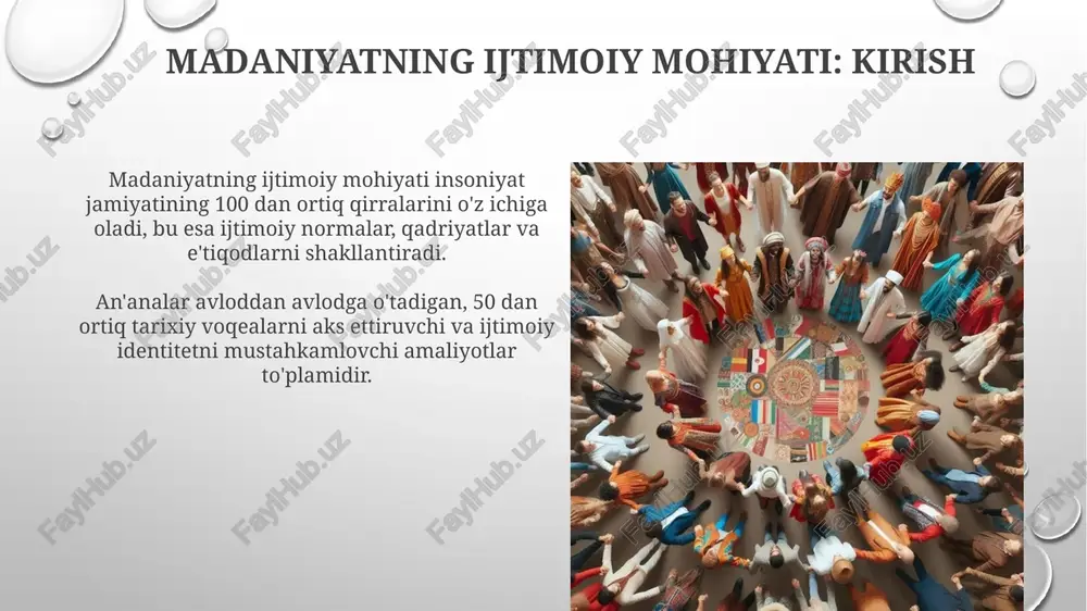 20-asrda jamiyatning modernizatsiyasiga turtki berdi va ijtimoiy tuzilmalarning 40% ga o'zgarish kiritdi. globalizatsiya 1990-yillardan boshlab madaniy integratsiyani tezlashtirdi, bu esa milliy o'ziga xoslikning 30% ga zaiflashishiga olib keldi. traditsiyalar va urflarning evolyutsiyasi traditsiyalar va urf-odatlar dastlab kichik guruhlarda paydo bo'lib, vaqt o'tishi bilan jamiyatning katta qismiga tarqalgan. bu tarqalish jarayoni 100 yildan ortiq vaqtni olishi mumkin. ba'zi urf-odatlar diniy e'tiqodlar ta'sirida shakllangan. masalan, ramazon oyi davomida ro'za tutish, vii asrda islom dinining paydo bo'lishi bilan bog'liq. madaniyatlararo munosabatlar va ijtimoiy o'zgarishlar madaniyatlararo munosabatlar 20-asrning oxirida globallashuv tufayli tezlashdi, bu esa ijtimoiy tuzilmalarda sezilarli o'zgarishlarga olib keldi va milliy chegaralar ahamiyatini kamaytirdi. ijtimoiy o'zgarishlar, ayniqsa, axborot texnologiyalari rivojlanishi bilan bog'liq, madaniyatlarning bir-biriga ta'siri orqali 30% gacha yangi ijtimoiy me'yorlar paydo bo'lishiga sabab bo'ladi. globalizatsiya va mahalliy madaniyat globalizatsiya mahalliy madaniyatni o'zgartirishi mumkin, lekin 70% hollarda madaniyatlar o'ziga xosligini saqlab qolish uchun yangi shakllarni qabul qiladi. globalizatsiya ta'sirida milliy urf-odatlar 2.0 versiyasiga …