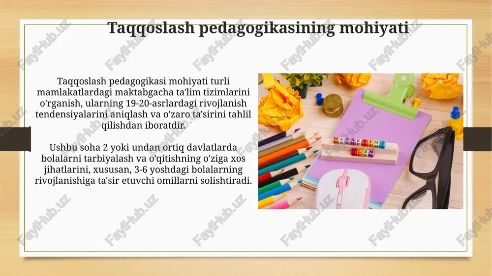 ktabgacha ta'lim mazmunini taqqoslash maktabgacha ta'lim mazmunini taqqoslash, milliy dasturlarning erta rivojlanish sohalari (nutq, motorika, ijtimoiy-emotsional) bo'yicha 3-6 yoshli bolalarga qanday bilim berishini aniqlaydi. ta'lim mazmunini taqqoslashda asosiy e'tibor 2018-yilgi o'zbekiston respublikasi maktabgacha ta'lim kontseptsiyasi va boshqa davlatlarning shu kabi erta yoshdagi standartlariga qaratiladi. maktabgacha ta'limda o'qitish usullarini taqqoslash maktabgacha ta'limda montessori va reggio emilia usullarini qiyoslash, bolaning faol ishtiroki va individual rivojlanishini ta'minlashdagi farqlarni aniqlaydi. o'zbekistonda qo'llaniladigan davlat ta'lim standartlari va xalqaro tajribalar o'rtasidagi metodik yondashuvlardagi tafovutlar o'rganiladi, masalan, o'yin texnologiyalari. maktabgacha ta'limda tarbiya usullarini taqqoslash "maktabgacha ta'limda tarbiya usullarini taqqoslash" metodologik jihatdan 20-asr o'rtalaridan boshlab intensiv rivojlanib, 3 yoshdan 6 yoshgacha bolalarga yo'naltirilgan. ta’lim metodlarini qiyosiy tahlil qilishda erta rivojlanish dasturlari, masalan, montessori va reggio emilia usullari o'rganilib, ularning samaradorlik ko'rsatkichlari 6 xil parametr bo'yicha baholanadi. maktabgacha ta'lim muassasalarini boshqarishni taqqoslash maktabgacha ta'limni boshqarishni taqqoslash 2 xil tizimni (davlat/xususiy) solishtirib, moliyalashtirishdagi farqlar (masalan, 70/30 foiz) samaradorlikka ta'sirini baholaydi. …