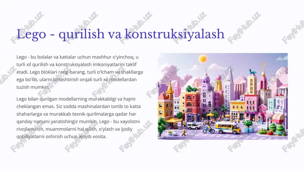 uksiyalarini nazorat qilish va baholash jarayonni kuzatish o'quvchilar lego konstruksiyalarini yaratish jarayonini kuzatib boring. ularning qiyinchiliklarni qanday engib o'tishini, qanday materiallardan foydalanishini va dizaynlarini qanday takomillashtirishini baholaysiz. loyiha hujjatlari o'quvchilar o'z loyihalarini hujjatlashtirishga, ularning dizayn jarayonlari, muammolar va echimlari haqida ma'lumot berishga undang. bu sizga ularning fikrlash tarzi va hal qilish qobiliyatini baholashga imkon beradi. o'quvchilarni baholash o'quvchilarning lego loyihalarini samaradorlik, ijodiylik, muammolarni hal qilish qobiliyati va jamoaviy ishlash ko'nikmalari bo'yicha baholang. ularning loyihasini qurishga bo'lgan munosabatini va o'rganishga bo'lgan ishtiyoqini kuzatib boring. 9 lego bilan o'quvchilar uchun qanday maqsadlar belgilash 1 1. ma'lumotlarni qo'llash o'quvchilar lego qismlarini to'g'ri tanlab, birlashtirish orqali muammolarni hal qilishni o'rganadilar. 2 2. muammoni hal qilish lego bilan turli qiyinchiliklarni yaratish va ularga yechim topish qobiliyatini rivojlantirish. 3 3. ijodiylikni rivojlantirish turli modellar va konstruksiyalar yaratish orqali tasavvur va ijodiylikni rivojlantirish. 4 4. hamkorlik ko'nikmalarini rivojlantirish guruhlar bo'lib ishlayotganda lego orqali birgalikda yaratish va muloqot …