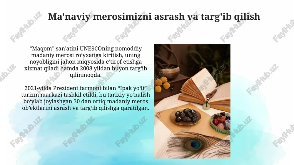 italarining o'rni ommaviy axborot vositalari, jumladan televideniye va radio, 24/7 rejimida ma'naviy merosni targ'ib qilishda muhim rol o'ynaydi, tushuntirishlar va hujjatli filmlar orqali. ijtimoiy tarmoqlar va onlayn platformalar yosh avlodga ma'naviy qadriyatlarni yetkazishning samarali vositasi bo'lib, 85% dan ortiq foydalanuvchilar bilan aloqani ta'minlaydi. yosh avlodni jalb qilish strategiyalari yosh avlodni jalb qilishda interaktiv ta'lim uslublaridan foydalanish, masalan, 70% amaliy mashg'ulotlar va 30% nazariy bilimlar orqali merosni tushuntirish muhim. ijtimoiy tarmoqlarda 2.0 platformalarida madaniy merosga oid 10 ta qiziqarli videoroliklar yaratib, yoshlarni faol ishtirok etishga chorlash lozim. xalqaro hamkorlik tajribasi unesconing 'umumjahon merosi' ro'yxati doirasida 1972-yildagi konventsiya asosida 20 dan ortiq qo'shma loyihalar madaniy obidalarni saqlashga qaratilgan. isesco bilan hamkorlikda 10 dan ortiq qo'lyozma markazlari faoliyatini qo'llab-quvvatlash, ularning raqamlashtirish va saqlash bo'yicha treninglar tashkil etish tajribasi mavjud. muammolar va ularni yechish yo'llari ma'naviy merosni saqlashdagi muammolarga befarqlik kiradi, buni faollikni oshirish orqali hal etish mumkin, masalan, 100 dan ortiq yoshlar ishtirokidagi …